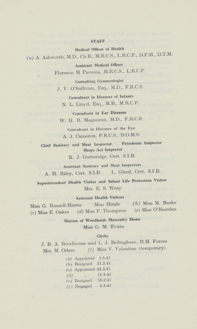 STAFF Medical Officer of Health (a) A. Ashworth, M.D., Ch.B., M.R.C.S., L.R.C.P., D.P.H, D.T.M. Assistant Medical Officer Florence M Parsons, M.R.C.S., L.R.C.P. Consulting Gynaecologist J. V. O'Sullivan, Esq., M.D., F.R.C.S. Consultant in Diseases of Infants N. L. Lloyd, Esq., M.B.. M.R.C.P. Consultant in Ear Diseases W. H. B. Magauran, M.D., F.R.C.S. Consultant in Diseases of the Eye A. J. Cameron, F.R.C.S., D.O.M.S. Chief Sanitary and Meat Inspector. Petroleum Inspector Shops Act Inspector K. J. Gutteridge, Cert. S.I.B. Assistant Sanitary and Meat Inspectors A. H. Riley, Cert. S.I.B. L. Gleed, Cert. S.I.B. Superintendent Health Visitor and Infant Life Protection Visitor Mrs. E. S. Wray Assistant Health Visitors Miss G. Russell-Harris Miss Hinds (b) Miss M. Burke (c) Miss E. Oakes (d) Miss P. Thompson (e) Miss O'Riordan Matron of Woodlands Maternity Home Miss G. M. Evans Clerks J. B. A. Roodhouse and L. J. Bellingham, H.M. Forces Mrs. M. Odam (f) Miss V. Valentine (temporary) (a) Appointed 1.8.41 (b) Resigned 31.3.41 (c) Appointed 24.3.41 (d) „ 11.8.41 (e) Resigned 18.2.41 (f) Engaged 3.2.41