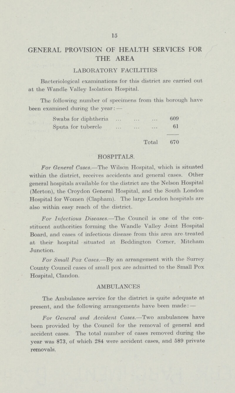 15 GENERAL PROVISION OF HEALTH SERVICES FOR THE AREA LABORATORY FACILITIES Bacteriological examinations for this district are carried out at the Wandle Valley Isolation Hospital. The following number of specimens from this borough have been examined during the year:— Swabs for diphtheria 609 Sputa for tubercle 61 Total 670 HOSPITALS. For General Cases.—The Wilson Hospital, which is situated within the district, receives accidents and general cases. Other general hospitals available for the district are the Nelson Hospital (Merton), the Croydon General Hospital, and the South London Hospital for Women (Clapham). The large London hospitals are also within easy reach of the district. For Infectious Diseases.—The Council is one of the con stituent authorities forming the Wandle Valley Joint Hospital Board, and cases of infectious disease from this area are treated at their hospital situated at Beddington Corner, Mitcham Junction. For Small Pox Cases.—By an arrangement with the Surrey County Council cases of small pox are admitted to the Small Pox Hospital, Clandon. AMBULANCES The Ambulance service for the district is quite adequate at present, and the following arrangements have been made:— For General and Accident Cases.—Two ambulances have been provided by the Council for the removal of general and accident cases. The total number of cases removed during the year was 873, of which 284 were accident cases, and 589 private removals.
