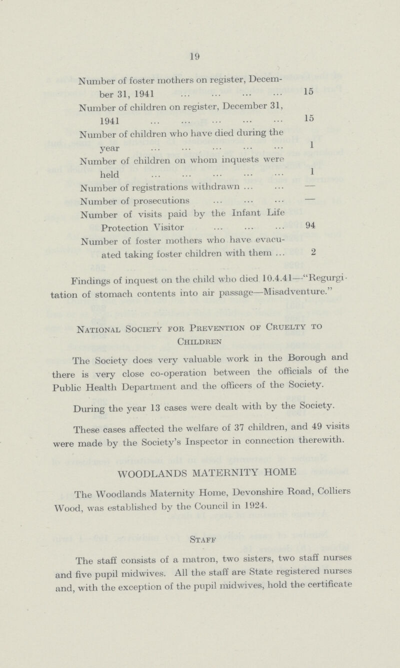 19 Number of foster mothers on register, Decem ber 31, 1941 15 Number of children on register, December 31, 1941 15 Number of children who have died during the year 1 Number of children on whom inquests were held 1 Number of registrations withdrawn ... Number of prosecutions — Number of visits paid by the Infant Life Protection Visitor 94 Number of foster mothers who have evacu ated taking foster children with them 2 Findings of inquest on the child who died 10.4.41—Regurgi tation of stomach contents into air passage—Misadventure. National Society for Prevention of Cruelty to Children The Society does very valuable work in the Borough and there is very close co-operation between the officials of the Public Health Department and the officers of the Society. During the year 13 cases were dealt with by the Society. These cases affected the welfare of 37 children, and 49 visits were made by the Society's Inspector in connection therewith. WOODLANDS MATERNITY HOME The Woodlands Maternity Home, Devonshire Road, Colliers Wood, was established by the Council in 1924. Staff The staff consists of a matron, two sisters, two staff nurses and five pupil midwives. All the staff are State registered nurses and, with the exception of the pupil midwives, hold the certificate