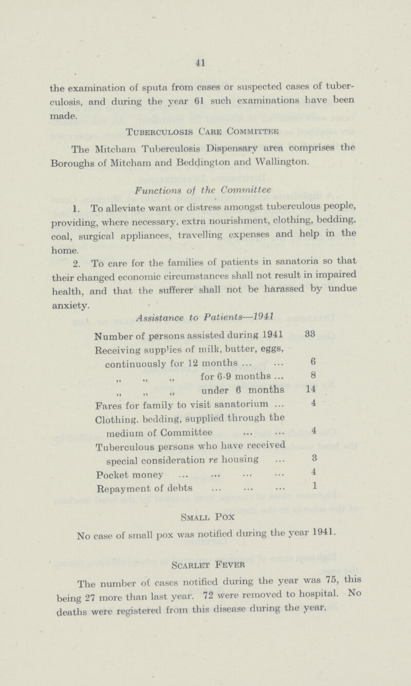 41 the examination of sputa from cases or suspected cases of tuber culosis, and during the year 61 such examinations have been made. Tuberculosis Care Committee The Mitcham Tuberculosis Dispensary area comprises the Boroughs of Mitcham and Beddington and Wallington. Functions of the Committee 1. To alleviate want or distress amongst tuberculous people, providing, where necessary. extra nourishment, clothing, bedding, coal, surgical appliances, travelling expenses and help in the home. 2. To care for the families of patients in sanatoria so that their changed economic circumstances shall not result in impaired health, and that the sufferer shall not be harassed by Undue anxiety. Assistance to Patients—1941 Number of persons assisted during 1941 33 Receiving supplies of milk, butter, eggs, continuously for 12 months 6 „ „ „ for 6-9 months 8 „ ,, ,, under 6 months 14 Pares for family to visit sanatorium 4 Clothing. bedding, supplied through the medium of Committee 4 Tuberculous persons who have received special consideration re housing 3 Pocket money 4 Repayment of debts 1 Small Pox No case of small pox was notified during the year 1941. Scarlet Fever The number of cases notified during the year was 75, this being 27 more than last year. 72 Were removed to hospital. No deaths were registered from this disease during the year.