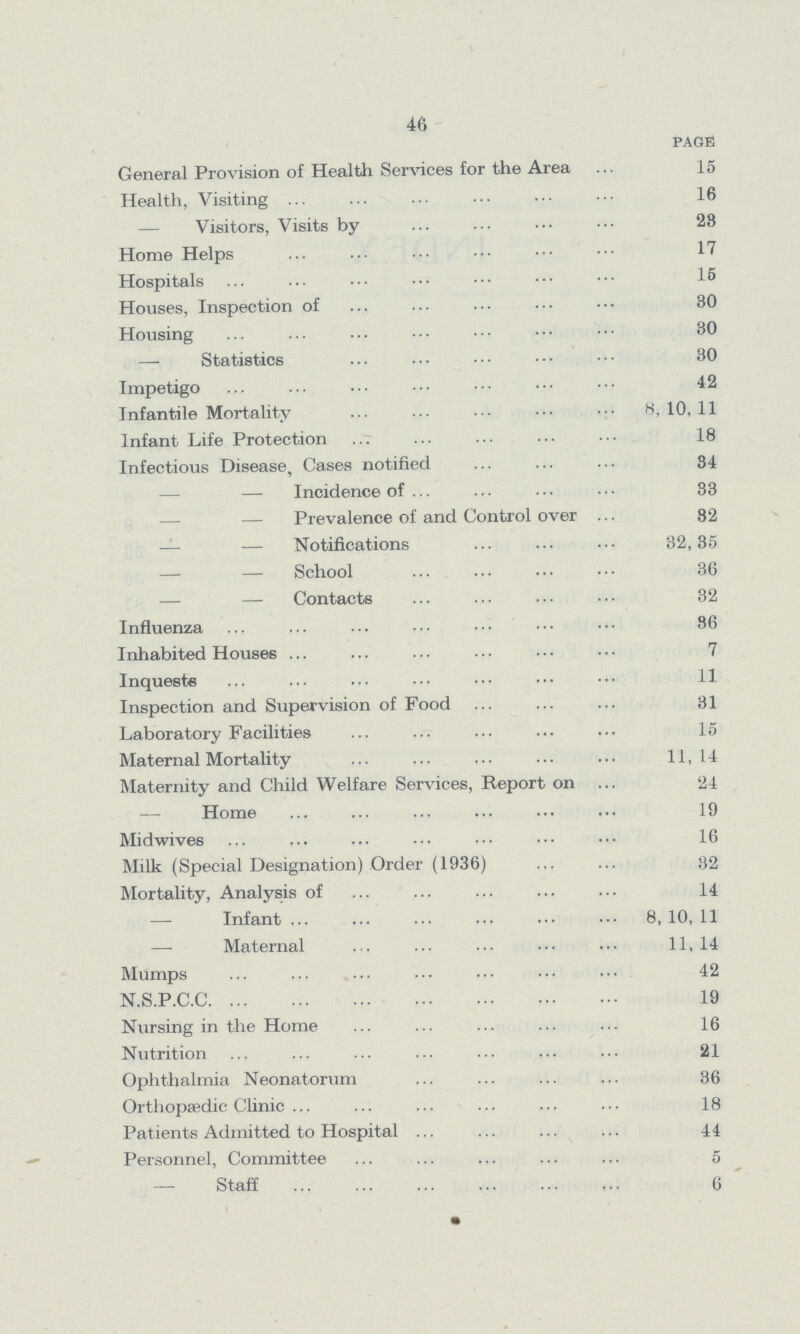 46 page General Provision of Health Services for the Area 15 Health, Visiting 16 — Visitors, Visits by 28 Home Helps 17 Hospitals 15 Houses, Inspection of 30 Housing 30 — Statistics 30 Impetigo 42 Infantile Mortality 8,10,11 Infant Life Protection 18 Infectious Disease, Cases notified 84 — Incidence of 83 — Prevalence of and Control over 82 — — Notifications 32,35 — School 36 — — Contacts 32 Influenza 86 Inhabited Houses 7 Inquests 11 Inspection and Supervision of Food 31 Laboratory Facilities 15 Maternal Mortality 11,14 Maternity and Child Welfare Services, Report on 24 Home 19 Midwives 16 Milk (Special Designation) Order (1936) 32 Mortality, Analysis of 14 — Infant 8, 10, 11 — Maternal 11,14 Mumps 42 N.S.P.C.C 19 Nursing in the Home 16 Nutrition 21 Ophthalmia Neonatorum 36 Orthopaedic Clinic 18 Patients Admitted to Hospital 44 Personnel, Committee 5 — Staff 6