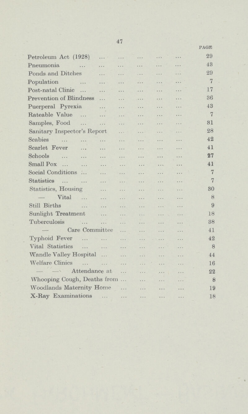 47 page Petroleum Act (1928) 29 Pneumonia 43 Ponds and Ditches 29 Population 7 Post-natal Clinic 17 Prevention of Blindness 36 Puerperal Pyrexia 43 Rateable Value 7 Samples, Food 81 Sanitary Inspector's Report 28 Scabies 42 Scarlet Fever 41 Schools 27 Small Pox 41 Social Conditions 7 Statistics 7 Statistics, Housing 30 — Vital 8 Still Births 9 Sunlight Treatment 18 Tuberculosis 38 — Care Committee 41 Typhoid Fever 42 Vital Statistics 8 Wandle Valley Hospital 44 Welfare Clinics 16 Attendance at 22 Whooping Cough, Deaths from 8 Woodlands Maternity Home 19 X-Ray Examinations 18