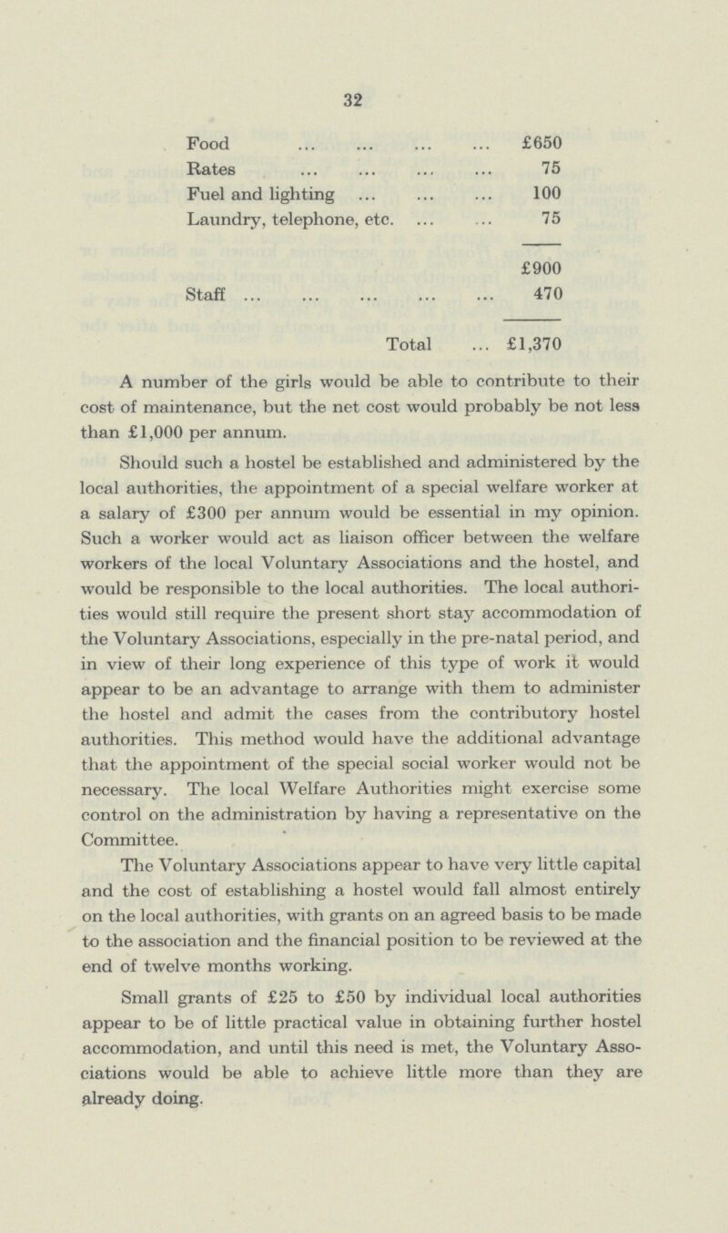 32 Food £650 Rates 75 Fuel and lighting 100 Laundry, telephone, etc. 75 £900 Staff 470 Total £1,370 A number of the girls would be able to contribute to their cost of maintenance, but the net cost would probably be not less than £1,000 per annum. Should such a hostel be established and administered by the local authorities, the appointment of a special welfare worker at a salary of £300 per annum would be essential in my opinion. Such a worker would act as liaison officer between the welfare workers of the local Voluntary Associations and the hostel, and would be responsible to the local authorities. The local authori ties would still require the present short stay accommodation of the Voluntary Associations, especially in the pre-natal period, and in view of their long experience of this type of work it would appear to be an advantage to arrange with them to administer the hostel and admit the cases from the contributory hostel authorities. This method would have the additional advantage that the appointment of the special social worker would not be necessary. The local Welfare Authorities might exercise some control on the administration by having a representative on the Committee. The Voluntary Associations appear to have very little capital and the cost of establishing a hostel would fall almost entirely on the local authorities, with grants on an agreed basis to be made to the association and the financial position to be reviewed at the end of twelve months working. Small grants of £25 to £50 by individual local authorities appear to be of little practical value in obtaining further hostel accommodation, and until this need is met, the Voluntary Asso ciations would be able to achieve little more than they are already doing.