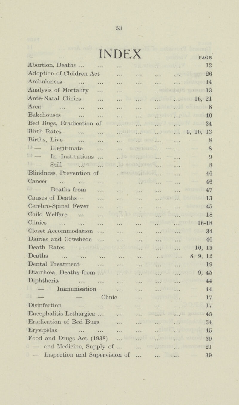 53 INDEX Abortion. Deaths 13 Adoption of Children Act 26 Ambulances 14 Analysis of Mortality 13 Ante-Natal Clinics 16, 21 Area 8 Bakehouses 40 Bed Bugs, Eradication of 34 Birth Rates 9, 10, 13 Births, Live 8 — Illegitimate 8 — In Institutions 9 — Still 8 Blindness, Prevention of 46 Cancer 46 — Deaths from 47 Causes of Deaths 13 Cerebro-Spinal Fever 45 Child Welfare 18 Clinics 16-18 Closet Accommodation 34 Dairies and Cowsheds 40 Death Rates 10, 13 Deaths 8, 9, 12 Dental Treatment 19 Diarrhoea, Deaths from 9, 45 Diphtheria 44 — Immunisation 44 — — Clinic 17 Disinfection 17 Encephalitis Lethargica 45 Eradication of Bed Bugs 34 Erysipelas 45 Food and Drugs Act (1938) 39 — and Medicine, Supply of 21 — Inspection and Supervision of 39