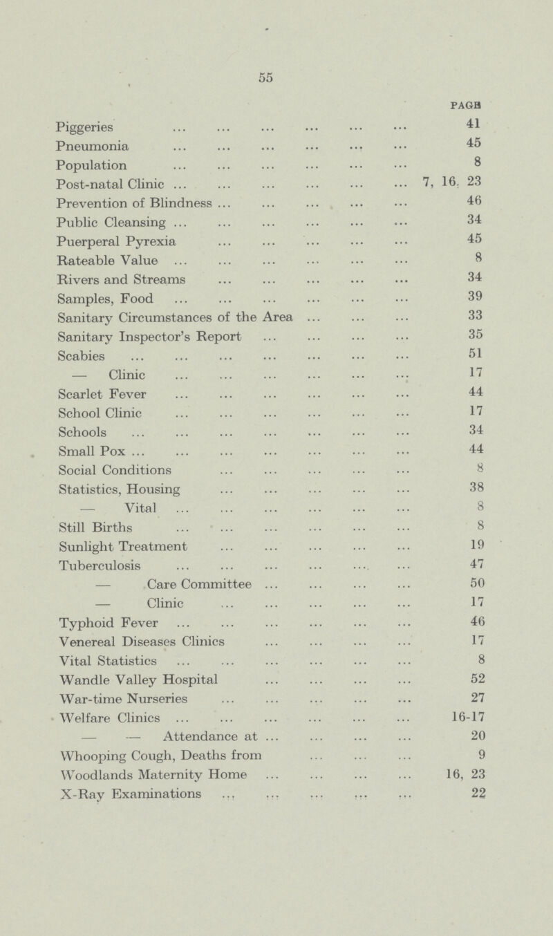 55 PAGE Piggeries 41 Pneumonia 45 Population 8 Post-natal Clinic 7, 16. 23 Prevention of Blindness 46 Public Cleansing 34 Puerperal Pyrexia 45 Rateable Value 8 Rivers and Streams 34 Samples, Food 39 Sanitary Circumstances of the Area 33 Sanitary Inspector's Report 35 Scabies 51 — Clinic 17 Scarlet Fever 44 School Clinic 17 Schools 34 Small Pox 44 Social Conditions 8 Statistics, Housing 38 — Vital 8 Still Births 8 Sunlight Treatment 19 Tuberculosis 47 — Care Committee 50 — Clinic 17 Typhoid Fever 46 Venereal Diseases Clinics 17 Vital Statistics 8 Wandle Valley Hospital 52 War-time Nurseries 27 Welfare Clinics 16-17 — Attendance at 20 Whooping Cough, Deaths from 9 Woodlands Maternity Home 16, 23 X-Ray Examinations 22