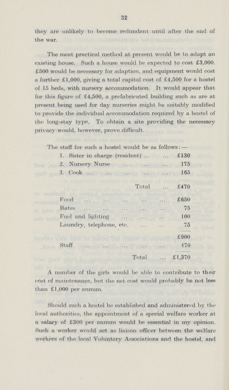 32 they are unlikely to become redundant until after the end of the war. The most practical method at present would be to adapt an existing house. Such a house would be expected to cost £3,000. £500 would be necessary for adaption, and equipment would cost a further £1,000, giving a total capital cost of £4,500 for a hostel of 15 beds, with nursery accommodation. It would appear that for this figure of £4,500, a prefabricated building such as are at present being used for day nurseries might be suitably modified to provide the individual accommodation required by a hostel of the long-stay type. To obtain a site providing the necessary privacy would, however, prove difficult. The staff for such a hostel would be as follows: — 1. Sister in charge (resident) £130 2. Nursery Nurse 175 3. Cook 165 Total £470 Food £650 Rates 75 Fuel and lighting 100 Laundry, telephone, etc. 75 £900 Staff 470 Total £1,370 A number of the girls would be able to contribute to their cost of maintenance, but the net cost would probably be not less than £1,000 per annum. Should such a hostel be established and administered by the local authorities, the appointment of a special welfare worker at a salary of £300 per annum would be essential in my opinion. Such a worker would act as liaison officer between the welfare workers of the local Voluntary Associations and the hostel, and