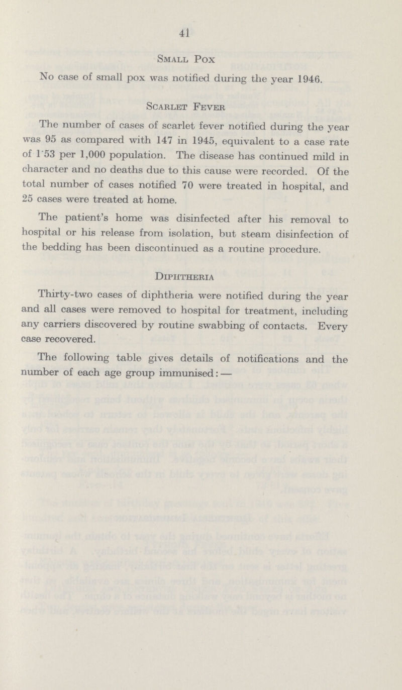 41 Small Pox No case of small pox was notified during the year 1946. Scarlet Fever The number of cases of scarlet fever notified during the year was 95 as compared with 147 in 1945, equivalent to a case rate of 1.53 per 1,000 population. The disease has continued mild in character and no deaths due to this cause were recorded. Of the total number of cases notified 70 were treated in hospital, and 25 cases were treated at home. The patient's home was disinfected after his removal to hospital or his release from isolation, but steam disinfection of the bedding has been discontinued as a routine procedure. Diphtheria Thirty-two cases of diphtheria were notified during the year and all cases were removed to hospital for treatment, including any carriers discovered by routine swabbing of contacts. Every case recovered. The following table gives details of notifications and the number of each age group immunised:—