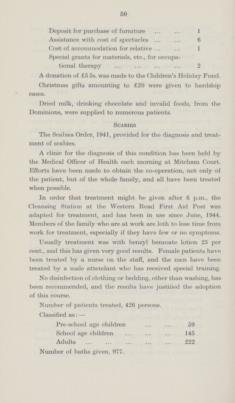 50 Deposit for purchase of furniture 1 Assistance with cost of spectacles 6 Cost of accommodation for relative 1 Special grants for materials, etc., for occupa tional therapy 2 A donation of £5 5s. was made to the Children's Holiday Fund. Christmas gifts amounting to £20 were given to hardship cases. Dried milk, drinking chocolate and invalid foods, from the Dominions, were supplied to numerous patients. Scabies The Scabies Order, 1941, provided for the diagnosis and treat ment of scabies. A clinic for the diagnosis of this condition has been held by the Medical Officer of Health each morning at Mitcham Court. Efforts have been made to obtain the co-operation, not only of the patient, but of the whole family, and all have been treated when possible. In order that treatment might be given after 6 p.m., the Cleansing Station at the Western Road First Aid Post was adapted for treatment, and has been in use since June, 1944. Members of the family who are at work are loth to lose time from work for treatment, especially if they have few or no symptoms. Usually treatment was with benzyl benzoate lotion 25 per cent., and this has given very good results. Female patients have been treated by a nurse on the staff, and the men have been treated by a male attendant who has received special training. No disinfection of clothing or bedding, other than washing, has been recommended, and the results have justified the adoption of this course. Number of patients treated, 426 persons. Classified as:— Pre-school age children 59 School age children 145 Adults 222 Number of baths given, 977.