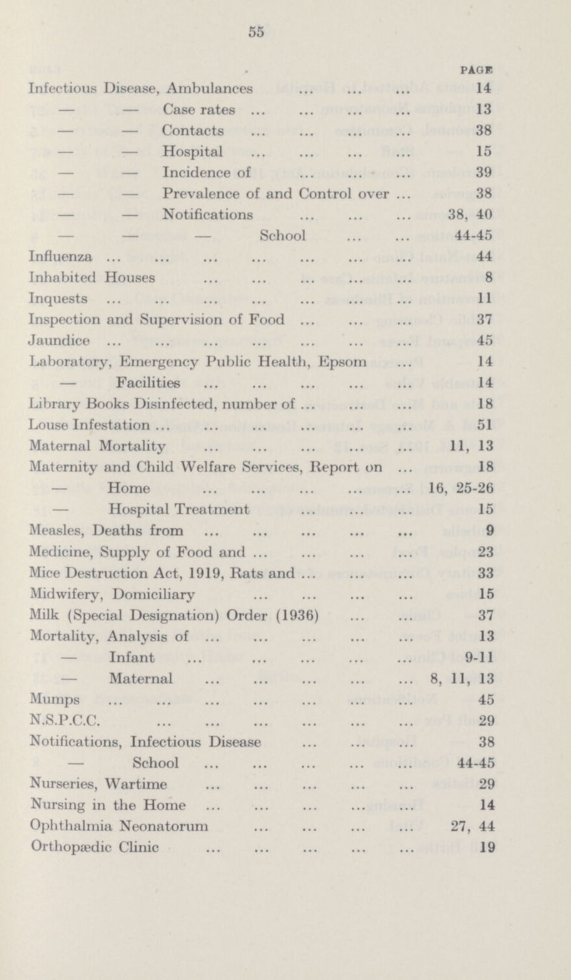 55 PAGE Infectious Disease, Ambulances 14 — — Case rates 13 — — Contacts 38 — Hospital 15 — Incidence of 39 — Prevalence of and Control over 38 — — Notifications 38, 40 — — School 44-45 Influenza 44 Inhabited Houses 8 Inquests 11 Inspection and Supervision of Food 37 Jaundice 45 Laboratory, Emergency Public Health, Epsom 14 — Facilities 14 Library Books Disinfected, number of 18 Louse Infestation 51 Maternal Mortality 11, 13 Maternity and Child Welfare Services, Report on18 Home 16, 25-26 Hospital Treatment 15 Measles, Deaths from 9 Medicine, Supply of Food and 23 Mice Destruction Act, 1919, Rats and 33 Midwifery, Domiciliary 15 Milk (Special Designation) Order (1936) 37 Mortality, Analysis of 13 - Infant 9-11 - Maternal 8, 11, 13 Mumps 45 N.S.P.C.C. 29 Notifications, Infectious Disease 38 — School 44-45 Nurseries, Wartime 29 Nursing in the Home 14 Ophthalmia Neonatorum 27, 44 Orthopaedic Clinic 19