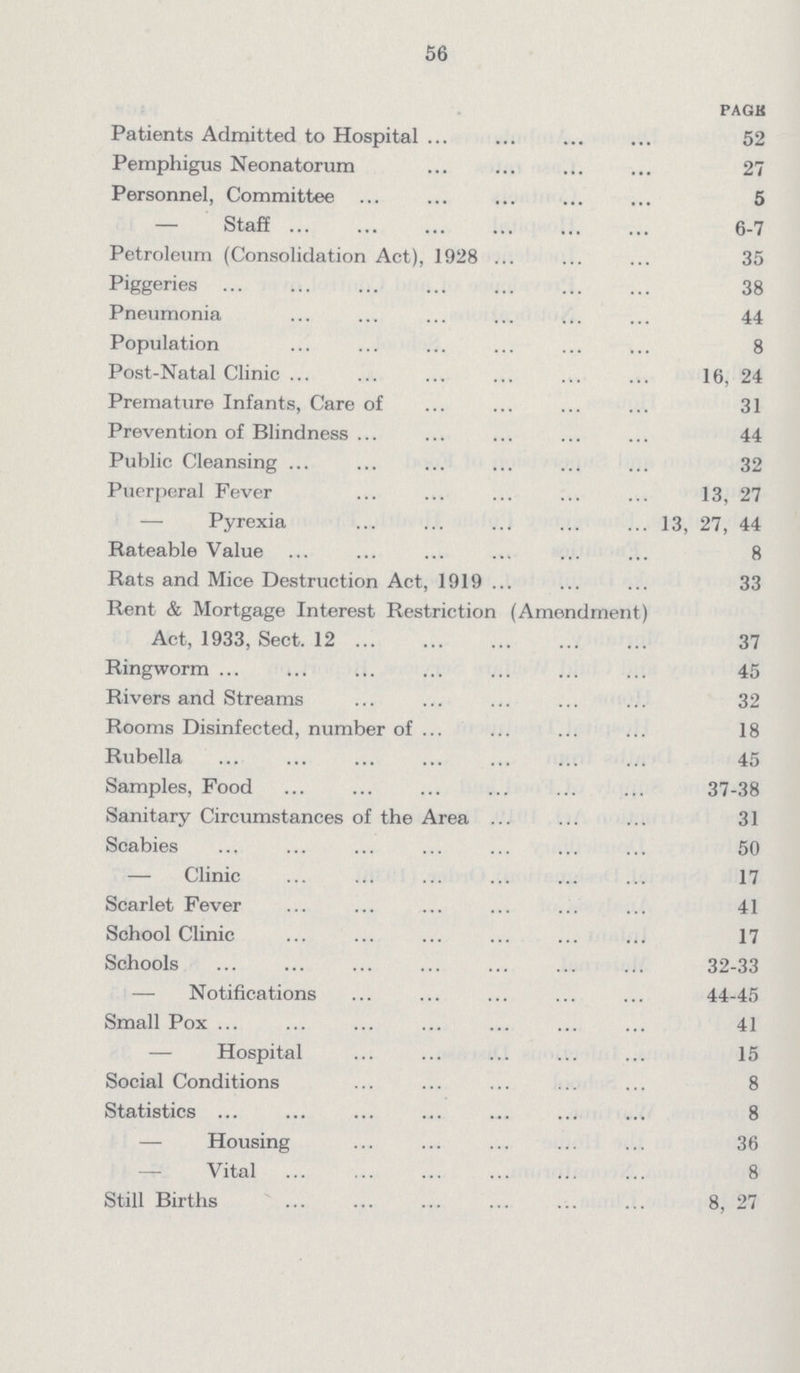 56 PAGE Patients Admitted to Hospital 52 Pemphigus Neonatorum 27 Personnel, Committee 5 — Staff 6-7 Petroleum (Consolidation Act), 1928 35 Piggeries 38 Pneumonia 44 Population 8 Post-Natal Clinic 16, 24 Premature Infants, Care of 31 Prevention of Blindness 44 Public Cleansing 32 Puerperal Fever 13, 27 — Pyrexia 13, 27, 44 Rateable Value 8 Rats and Mice Destruction Act, 1919 33 Rent & Mortgage Interest Restriction (Amendment) Act, 1933, Sect. 12 37 Ringworm 45 Rivers and Streams 32 Rooms Disinfected, number of 18 Rubella 45 Samples, Food 37-38 Sanitary Circumstances of the Area 1 Scabies 50 — Clinic 17 Scarlet Fever 41 School Clinic 17 Schools 32-33 — Notifications 44-45 Small Pox 41 Hospital 15 Social Conditions 8 Statistics 8 Housing 36 Vital 8 Still Births 8, 27