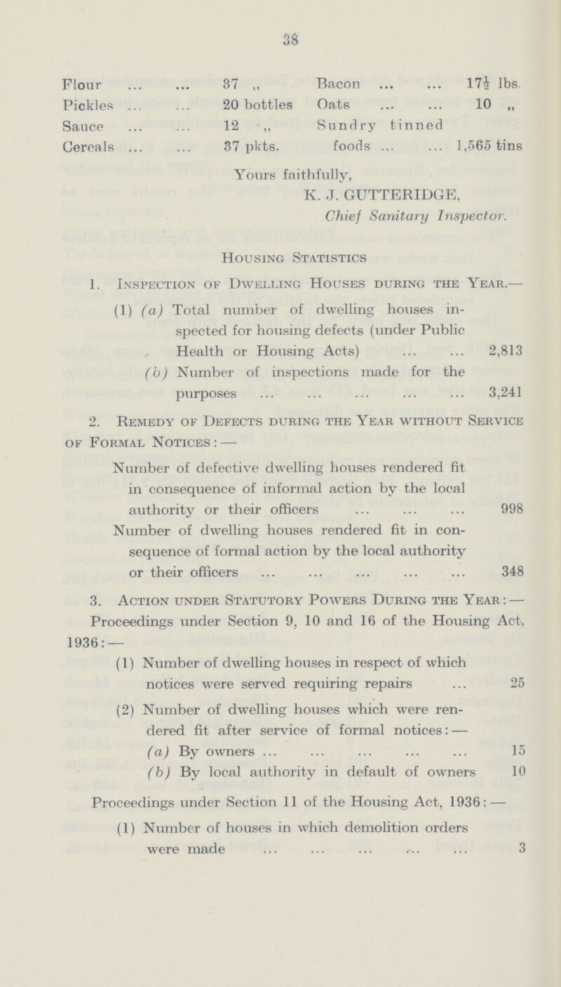 38 Flour 37 „ Pickles 20 bottles Sauce 12 ,, Cereals 37 pkts. Bacon 17½ lbs. Oats 10 „ Sundry tinned foods 1,565 tins Yours faithfully, K. J. GUTTERIDGE, Chief Sanitary Inspector. Housing Statistics 1. Inspection of Dwelling Houses during the Year.— (1) (a) Total number of dwelling houses in spected for housing defects (under Public Health or Housing Acts) 2,813 (b) Number of inspections made for the purposes 3,241 2. Remedy of Defects during the Year without Service of Formal Notices: — Number of defective dwelling houses rendered fit in consequence of informal action by the local authority or their officers 998 Number of dwelling houses rendered fit in con sequence of formal action by the local authority or their officers 348 3. Action under Statutory Powers During the Year: — Proceedings under Section 9, 10 and 16 of the Housing Act, 1936:— (1) Number of dwelling houses in respect of which notices were served requiring repairs 25 (2) Number of dwelling houses which were ren dered fit after service of formal notices: — (a) By owners 15 (b) By local authority in default of owners 10 Proceedings under Section 11 of the Housing Act, 1936: — (1) Number of houses in which demolition orders were made 3