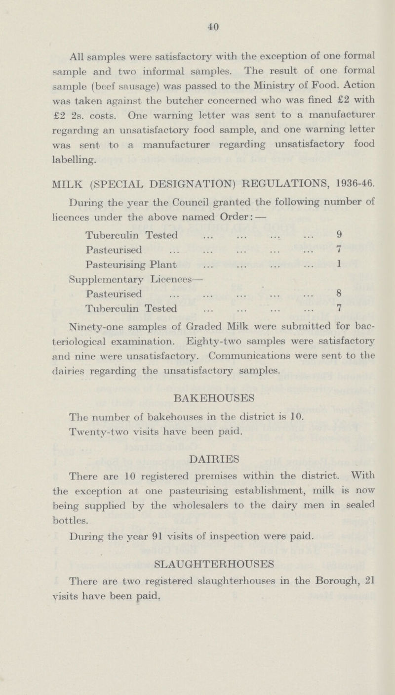 40 All samples were satisfactory with the exception of one formal sample and two informal samples. The result of one formal sample (beef sausage) was passed to the Ministry of Food. Action was taken against the butcher concerned who was fined £2 with £2 2s. costs. One warning letter was sent to a manufacturer regarding an unsatisfactory food sample, and one warning letter was sent to a manufacturer regarding unsatisfactory food labelling. MILK (SPECIAL DESIGNATION) REGULATIONS, 1936-46. During the year the Council granted the following number of licences under the above named Order:— Tuberculin Tested 9 Pasteurised 7 Pasteurising Plant 1 Supplementary Licences— Pasteurised 8 Tuberculin Tested 7 Ninety-one samples of Graded Milk were submitted for bac teriological examination. Eighty-two samples were satisfactory and nine were unsatisfactory. Communications were sent to the dairies regarding the unsatisfactory samples. BAKEHOUSES The number of bakehouses in the district is 10. Twenty-two visits have been paid. DAIRIES There are 10 registered premises within the district. With the exception at one pasteurising establishment, milk is now being supplied by the wholesalers to the dairy men in sealed bottles. During the year 91 visits of inspection were paid. SLAUGHTERHOUSES There are two registered slaughterhouses in the Borough, 21 visits have been paid,