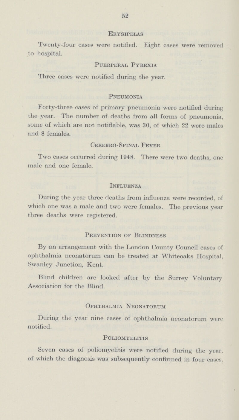 52 Erysipelas Twenty-four cases were notified. Eight cases were removed to hospital. Puerperal Pyrexia Three cases were notified during the year. Pneumonia Forty-three cases of primary pneumonia were notified during the year. The number of deaths from all forms of pneumonia, some of which are not notifiable, was 30, of which 22 were males and 8 females. Cerebro-Spinal Fever Two cases occurred during 1948. There were two deaths, one male and one female. Influenza During the year three deaths from influenza were recorded, of which one was a male and two were females. The previous year three deaths were registered. Prevention of Blindness By an arrangement with the London County Council cases of ophthalmia neonatorum can be treated at Whiteoaks Hospital, Swanley Junction, Kent. Blind children are looked after by the Surrey Voluntary Association for the Blind. Ophthalmia Neonatorum During the year nine cases of ophthalmia neonatorum were notified. Poliomyelitis Seven cases of poliomyelitis were notified during the year, of which the diagnosis was subsequently confirmed in four cases.