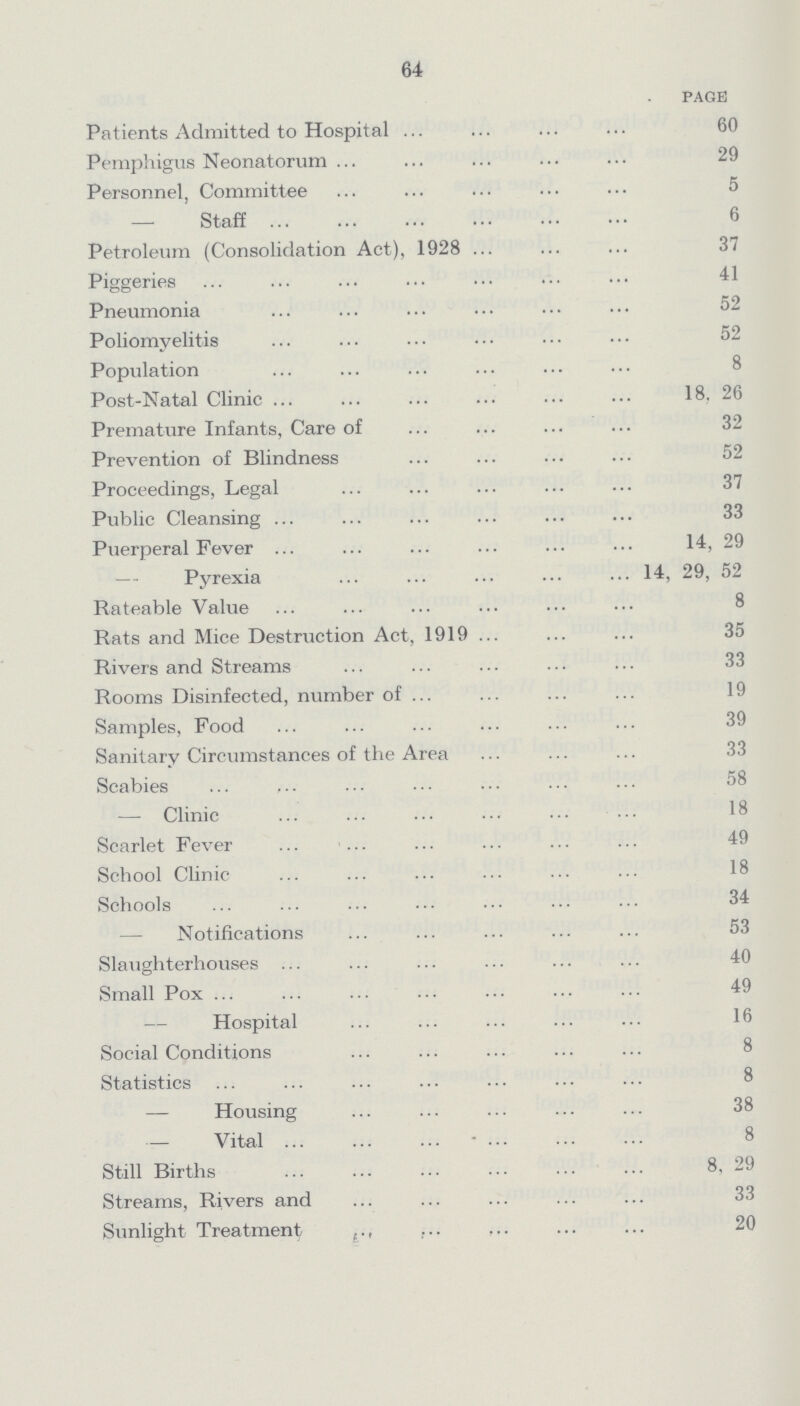 64 PAGE Patients Admitted to Hospital 60 Pemphigus Neonatorum 29 Personnel, Committee 5 — Staff 6 Petroleum (Consolidation Act), 1928 37 Piggeries 41 Pneumonia 52 Poliomyelitis 52 Population 8 Post-Natal Clinic 18, 26 Premature Infants, Care of 32 Prevention of Blindness 52 Proceedings, Legal 37 Public Cleansing 33 Puerperal Fever 14, 29 Pyrexia 14, 29, 52 Rateable Value 8 Rats and Mice Destruction Act, 1919 35 Rivers and Streams 33 Rooms Disinfected, number of 19 Samples, Food 39 Sanitary Circumstances of the Area 33 Scabies 58 — Clinic 18 Scarlet Fever 49 School Clinic 18 Schools 34 — Notifications 53 Slaughterhouses 40 Small Pox 49 — Hospital 16 Social Conditions 8 Statistics 8 — Housing 38 — Vital 8 Still Births 8, 29 Streams, Rivers and 33 Sunlight Treatment 20