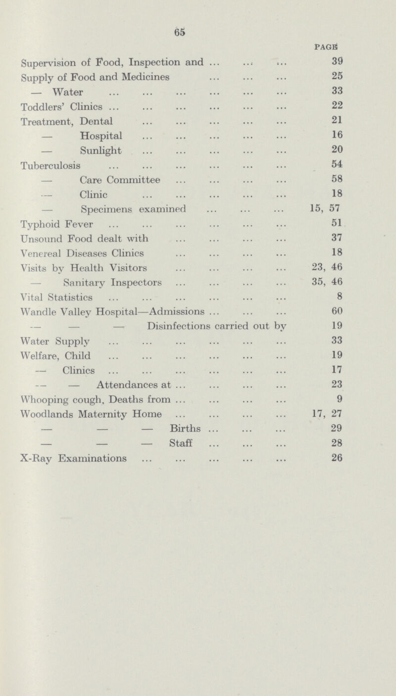 65 PAGE Supervision of Pood, Inspection and 39 Supply of Food and Medicines 25 — Water 33 Toddlers' Clinics 22 Treatment, Dental 21 Hospital 16 Sunlight 20 Tuberculosis 54 — Care Committee 58 — Clinic 18 — Specimens examined 15, 57 Typhoid Fever 51 Unsound Food dealt with 37 Venereal Diseases Clinics 18 Visits by Health Visitors 23, 46 Sanitary Inspectors 35, 46 Vital Statistics 8 Wandle Valley Hospital—Admissions 60 — — —Disinfections carried out by 19 Water Supply 33 Welfare, Child 19 — Clinics 17 — — Attendances at 23 Whooping cough. Deaths from 9 Woodlands Maternity Home 17, 27 — — — Births 29 — — — Staff 28 X-Ray Examinations 26
