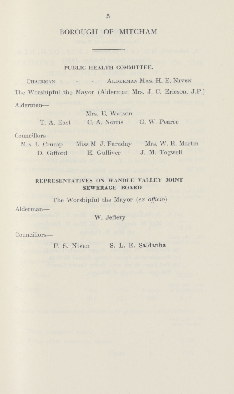 5 BOROUGH OF MITCHAM PUBLIC HEALTH COMMITTER. Chairman Alderman Mrs. H. E. Niven The Worshipful the Mayor (Alderman Mrs. J. C. Ericson, J.P.) Aldermen— T. A. East Mrs. E. Watson C. A. Norris Councillors— Mrs. L. Crump D. Gifford Miss M. J. Faraday E. Gulliver G. W. Pearce Mrs. W. R. Martin J. M. Togwell REPRESENTATIVES ON WANDLE VALLEY JOINT SEWERAGE BOARD The Worshipful the Mayor (ex officio) Alderman— W. Jeffery Councillors— F. S. Niven S. L. E. Saldanha