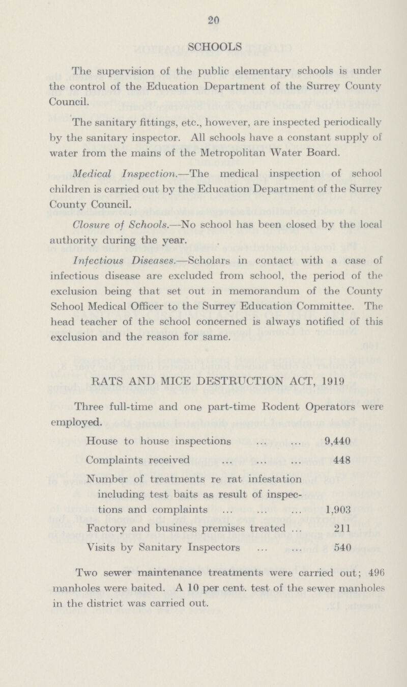 20 SCHOOLS The supervision of the public elementary schools is under the control of the Education Department of the Surrey County Council. The sanitary fittings, etc., however, are inspected periodically by the sanitary inspector. All schools have a constant supply of water from the mains of the Metropolitan Water Board. Medical Inspection.—The medical inspection of school children is carried out by the Education Department of the Surrey County Council. Closure of Schools.—No school has been closed by the local authority during the year. Infectious Diseases.—Scholars in contact with a case of infectious disease are excluded from school, the period of the exclusion being that set out in memorandum of the County School Medical Officer to the Surrey Education Committee. The head teacher of the school concerned is always notified of this exclusion and the reason for same. RATS AND MICE DESTRUCTION ACT, 1919 Three full-time and one part-time Rodent Operators were employed. House to house inspections 9,440 Complaints received 448 Number of treatments re???rat infestation including test baits as result of inspec tions and complaints 1,903 Factory and business premises treated 211 Visits by Sanitary Inspectors 540 Two sewer maintenance treatments were carried out; 496 manholes were baited. A 10 per cent, test of the sewer manholes in the district was carried out.