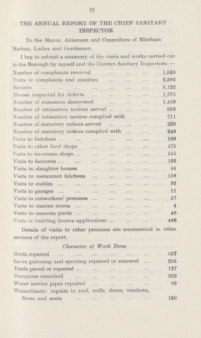 21 THE ANNUAL REPORT OF THE CHIEF SANITARY INSPECTOR To the Mayor, Aldermen and Councillors of Mitcham Madam, Ladies and Gentlemen. I beg to submit a summary of the visits and works carried out in the Borough by myself and the District Sanitary Inspectors:— Number of complaints received 1,535 Visits re complaints and sundries 2,382 Revisits 5,122 Houses inspected for defects 1,975 Number of nuisances discovered 1,458 Number of intimation notices served 958 Number of intimation notices complied with 711 Number of statutory notices served 263 Number of statutory notices complied with 243 Visits to butchers 189 Visits to other food shops 475 Visits to ice-cream shops 155 Visits to factories 162 Visits to slaughter houses 44 Visits to restaurant kitchens 158 Visits to stables 32 Visits to garages 11 Visits to outworkers' premises 57 Visits to marine stores 4 Visits to caravan yards 48 Visits re building licence applications 486 Details of visits to other premises are enumerated in other sections of the report. Character of Work Done Roofs repaired 337 Eaves guttering and spouting repaired or renewed 295 Yards paved or repaired 127 Dampness remedied 269 Water service pipes repaired 89 Waterclosets: repairs to roof, walls, doors, windows, floors and seats 168