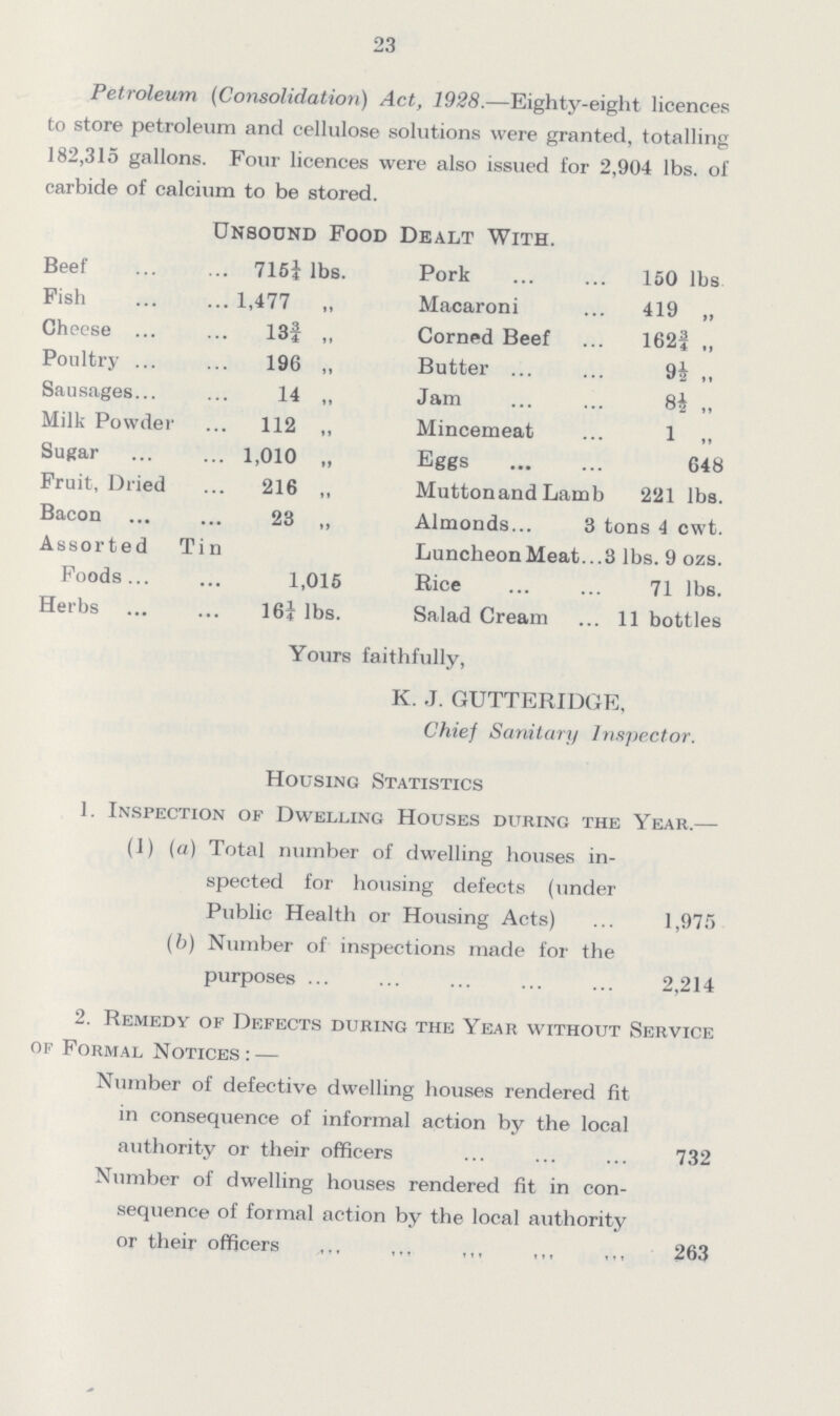 23 Petroleum (Consolidation) Act, 1928.—Eighty-eight licences to store petroleum and cellulose solutions were granted, totalling 182,315 gallons. Four licences were also issued for 2,904 lbs. of carbide of calcium to be stored. Unsound Food Dealt With. Beef 715¼ lbs. Pork 150 lbs Fish 1,477 „ Macaroni 419 „ Cheese 13f „ Corned Beef 162¾ ,, Poultry 196 „ Butter 9½ ,, Sausages 14 „ Jam 8½ ,, Milk Powder 112 „ Mincemeat 1 ,, Sugar 1,010 „ Eggs 648 Fruit, Dried 216 „ Mutton and Lamb 221 lbs. Bacon 23 „ Almonds 3 tons 4 cwt. Assorted Tin Foods 1,015 Luncheon Meat. 3 lbs. 9 ozs. Rice 71 lbs. Herbs 16¼ lbs. Salad Cream 11 bottles Yours faithfully, K. .J. GUTTERIDGE, Chief Sanitary Inspector. Housing Statistics 1. Inspection of Dwelling Houses during the Year.— (1) (a) Total number of dwelling houses in spected for housing defects (under Public Health or Housing Acts) 1,975 (b) Number of inspections made for the purposes 2,214 2. Remedy of Defects during the Year without Service of Formal Notices:— Number of defective dwelling houses rendered fit in consequence of informal action by the local authority or their officers 732 Number of dwelling houses rendered fit in con sequence of formal action by the local authority or their officers 263