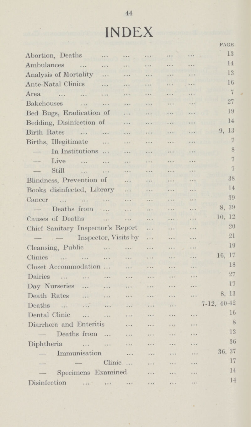 44 INDEX PAGE Abortion, Deaths 13 Ambulances 14 Analysis of Mortality 13 Ante-Natal Clinics 16 Area 7 Bakehouses 27 Bed Bugs, Eradication of 19 Bedding, Disinfection of 14 Birth Rates 9, 13 Births, Illegitimate 7 — In Institutions 8 — Live 7 — Still 7 Blindness, Prevention of 38 Books disinfected, Library 14 Cancer — Deaths from 8, 39 Causes of Deaths 10, 12 Chief Sanitary Inspector's Report 20 Inspector, Visits by 21 Cleansing, Public 19 Clinics 16, 17 Closet Accommodation 18 Dairies 27 Day Nurseries 17 Death Rates 8, 13 Deaths 7-12, 40-42 Dental Clinic 16 Diarrhoea and Enteritis 8 — Deaths from 13 Diphtheria — Immunisation 36, 37 — — Clinic 17 — Specimens Examined 14 Disinfection 14