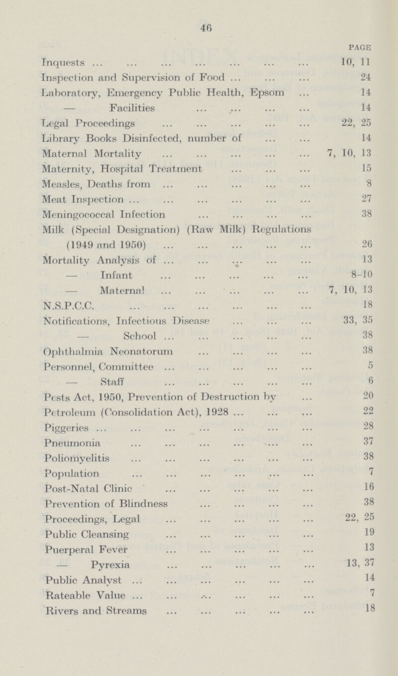 46 PAGE Inquests 10, 11 Inspection and Supervision of Food 24 Laboratory, Emergency Public Health, Epsom 14 Facilities 14 Legal Proceedings 22, 25 Library Books Disinfected, number of 14 Maternal Mortality 7, 10, 13 Maternity, Hospital Treatment 15 Measles, Deaths from 8 Meat Inspection 27 Meningococcal Infection 38 Milk (Special Designation) (Raw Milk) Regulations (1949 and 1950) 26 Mortality Analysis of 13 — Infant 8-10 Maternal 13 N.S.P.C.C. 18 Notifications, Infectious Disease 33, 35 School 38 Ophthalmia Neonatorum 38 Personnel, Committee 5 — Staff 6 Pests Act, 1950, Prevention of Destruction by 20 Petroleum (Consolidation Act), 1928 Piggeries 28 Pneumonia 37 Poliomyelitis 38 Population 7 Post-Natal Clinic 16 Prevention of Blindness 38 Proceedings, Legal 22, 25 Public Cleansing 19 Puerperal Fever 13 Pyrexia 13, 37 Public Analyst 14 Rateable Value 7 Rivers and Streams 18