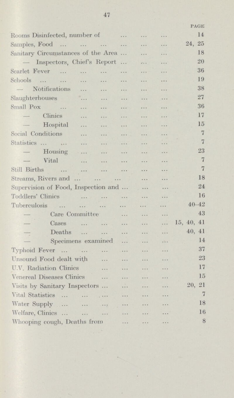 47 PAGE Rooms Disinfected, number of 14 Samples, Food 24, 25 Sanitary Circumstances of the Area 18 — Inspectors, Chief's Report 20 Scarlet Fever 36 Schools 19 — Notifications 38 Slaughterhouses 27 Small Pox 36 Clinics 17 Hospital 15 Social Conditions 7 Statistics 7 — Housing 23 — Vital 7 Still Births 7 Streams, Rivers and 18 Supervision of Food, Inspection and 24 Toddlers' Clinics 16 Tuberculosis 40-42 — Care Committee 43 Cases 15, 40, 41 Deaths 40, 41 Specimens examined 14 Typhoid Fever 37 Unsound Food dealt with 23 U.V. Radiation Clinics 17 Venereal Diseases Clinics 15 Visits by Sanitary Inspectors 20, 21 Vital Statistics 7 Water Supply 18 Welfare, Clinics 16 Whooping cough, Deaths from 8
