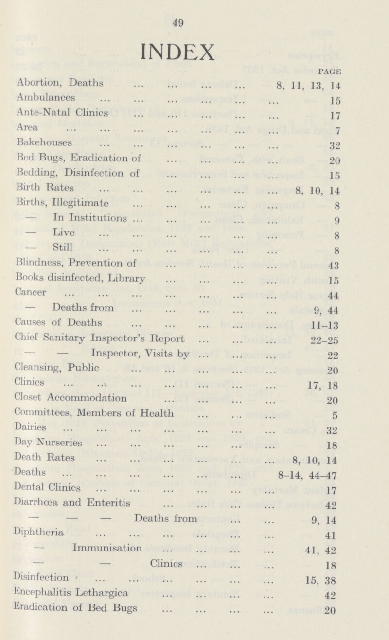 49 INDEX PAGE Abortion, Deaths 8, 11, 13, 14 Ambulances 15 Ante-Natal Clinics 17 Area 7 Bakehouses 32 Bed Bugs, Eradication of 20 Bedding, Disinfection of 15 Birth Rates 8, 10, 14 Births, Illegitimate 8 — In Institutions 9 — Live 8 — Still 8 Blindness, Prevention of 43 Books disinfected, Library 15 Cancer 44 — Deaths from 9, 44 Causes of Deaths 11-13 Chief Sanitary Inspector's Report 22-25 — — Inspector, Visits by 22 Cleansing, Public 20 Clinics 17, 18 Closet Accommodation 20 Committees, Members of Health 5 Dairies 32 Day Nurseries 18 Death Rates 8, 10, 14 Deaths 8-14, 44-47 Dental Clinics 17 Diarrhoea and Enteritis 42 — Deaths from 9, 14 Diphtheria 41 Immunisation 41, 42 — Clinics 18 Disinfection 15, 38 Encephalitis Lethargica 42 Eradication of Bed Bugs 20