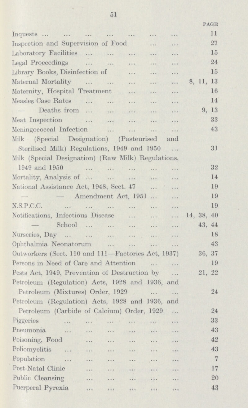 51 PAGE Inquests 11 Inspection and Supervision of Food 27 Laboratory Facilities 15 Legal Proceedings 24 Library Books, Disinfection of 15 Maternal Mortality 8, 11, 13 Maternity, Hospital Treatment 16 Measles Case Rates 14 Deaths from 9, 13 Meat Inspection 33 Meningococcal Infection 43 Milk (Special Designation) (Pasteurised and Sterilised Milk) Regulations, 1949 and 1950 31 Milk (Special Designation) (Raw Milk) Regulations, 1949 and 1950 32 Mortality, Analysis of 14 National Assistance Act, 1948, Sect. 47 19 — Amendment Act, 1951 19 N.S.P.C.C. 19 Notifications, Infectious Disease 14, 38, 40 — School 43, 44 Nurseries, Day 18 Ophthalmia Neonatorum 43 Outworkers (Sect. 110 and 111—Factories Act, 1937) 36, 37 Persons in Need of Care and Attention 19 Pests Act, 1949, Prevention of Destruction by 21, 22 Petroleum (Regulation) Acts, 1928 and 1936, and Petroleum (Mixtures) Order, 1929 24 Petroleum (Regulation) Acts, 1928 and 1936, and Petroleum (Carbide of Calcium) Order. 1929 24 Piggeries 33 Pneumonia 43 Poisoning, Food 42 Poliomyelitis 43 Population 7 Post-Natal Clinic 17 Public Cleansing 20 Puerperal Pyrexia ,,, ,,, 43