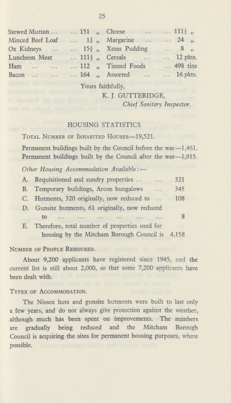 25 Stewed Mutton 151 „ Cheese 111½ „ Minced Beef Loaf 1¾ „ Margarine 24 „ Ox Kidneys 151 „ Xmas Pudding 8 „ Luncheon Meat 111½ „ Cereals 12 pkts. Ham 112 „ Tinned Foods 498 tins Bacon 164 „ Assorted 16 pkts. Yours faithfully, K. J. GUTTERIDGE, Chief Sanitary Inspector. HOUSING STATISTICS Total Number of Inhabited Houses—19,521. Permanent buildings built by the Council before the war—1,461. Permanent buildings built by the Council after the war—1,915. Other Housing Accommodation Available:— A. Requisitioned and sundry properties 321 B. Temporary buildings, Arcon bungalows 345 C. Hutments, 320 originally, now reduced to 108 D. Gunsite hutments, 61 originally, now reduced to 8 E. Therefore, total number of properties used for housing by the Mitcham Borough Council is 4,158 Number of People Rehoused. About 9,200 applicants have registered since 1945, and the current list is still about 2,000, so that some 7,200 applicants have been dealt with. Types of Accommodation. The Nissen huts and gunsite hutments were built to last only a few years, and do not always give protection against the weather, although much has been spent on improvements. The numbers are gradually being reduced and the Mitcham Borough Council is acquiring the sites for permanent housing purposes, where possible.