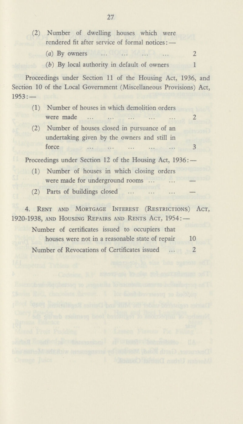 27 (2) Number of dwelling houses which were rendered fit after service of formal notices:— (a) By owners 2 (b) By local authority in default of owners 1 Proceedings under Section 11 of the Housing Act, 1936, and Section 10 of the Local Government (Miscellaneous Provisions) Act, 1953:— (1) Number of houses in which demolition orders were made 2 (2) Number of houses closed in pursuance of an undertaking given by the owners and still in force 3 Proceedings under Section 12 of the Housing Act, 1936:— (1) Number of houses in which closing orders were made for underground rooms — (2) Parts of buildings closed — 4. Rent and Mortgage Interest (Restrictions) Act, 1920-1938, and Housing Repairs and Rents Act, 1954:— Number of certificates issued to occupiers that houses were not in a reasonable state of repair 10 Number of Revocations of Certificates issued 2