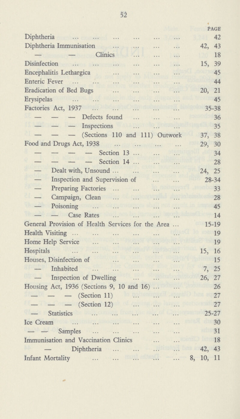 52 « page Diphtheria 42 Diphtheria Immunisation 42, 43 — — Clinics 18 Disinfection 15, 39 Encephalitis Lethargica 45 Enteric Fever 44 Eradication of Bed Bugs 20, 21 Erysipelas 45 Factories Act, 1937 35-38 — — — Defects found 36 — — — Inspections 35 — — — (Sections 110 and 111) Outwork 37, 38 Food and Drugs Act, 1938 29, 30 — — — — Section 13 34 — — — — Section 14 28 — Dealt with, Unsound 24, 25 — Inspection and Supervision of 28-34 — Preparing Factories 33 — Campaign, Clean 28 — Poisoning 45 — — Case Rates 14 General Provision of Health Services for the Area 15-19 Health Visiting 19 Home Help Service 19 Hospitals 15, 16 Houses, Disinfection of 15 — Inhabited 7, 25 — Inspection of Dwellig 26, 27 Housing Act, 1936 (Sections 9, 10 and 16) 26 — — — (Section 11) 27 — — — (Section 12) 27 — Statistics 25-27 Ice Cream 30 — — Samples 31 Immunisation and Vaccination Clinics 18 — Diphtheria 42, 43 Infant Mortality 8, 10, 11
