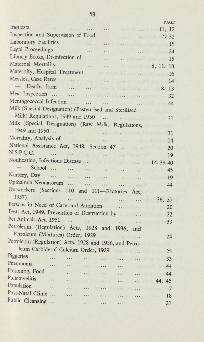 53 PAGE Inquests 11,12 Inspection and Supervision of Food 27-32 Laboratory Facilities 15 Legal Proceedings 24 Library Books, Disinfection of 15 Maternal Mortality 8, 11, 13 Maternity, Hospital Treatment 16 Measles, Case Rates 14 — Deaths from 8, 13 Meat Inspection 32 Meningococcal Infection 44 Milk (Special Designation) (Pasteurised and Sterilised Milk) Regulations, 1949 and 1950 31 Milk (Special Designation) (Raw Milk) Regulations, 1949 and 1950 31 Mortality, Analysis of 14 National Assistance Act, 1948, Section 47 20 N.S.P.C.C 19 Notification, Infectious Disease 14,38-40 — School 45 Nursery, Day 19 Opthalmia Neonatorum 44 Outworkers (Sections 110 and 111—Factories Act, 1937) 36, 37 Persons in Need of Care and Attention 20 Pests Act, 1949, Prevention of Destruction by 22 Pet Animals Act, 1951 33 Petroleum (Regulation) Acts, 1928 and 1936, and Petroleum (Mixtures) Order, 1929 24 Petroleum (Regulation) Acts, 1928 and 1936, and Petro leum Carbide of Calcium Order, 1929 25 Piggeries 33 Pneumonia 44 Poisoning, Food 44 Poliomyelitis 44, 45 Population 7 Post-Natal Clinic 18 Public Cleansing 21