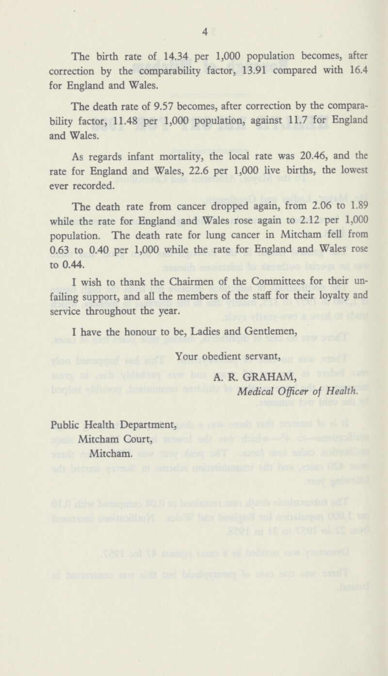 4 The birth rate of 14.34 per 1,000 population becomes, after correction by the comparability factor, 13.91 compared with 16.4 for England and Wales. The death rate of 9.57 becomes, after correction by the compara bility factor, 11.48 per 1,000 population, against 11.7 for England and Wales. As regards infant mortality, the local rate was 20.46, and the rate for England and Wales, 22.6 per 1,000 live births, the lowest ever recorded. The death rate from cancer dropped again, from 2.06 to 1.89 while the rate for England and Wales rose again to 2.12 per 1,000 population. The death rate for lung cancer in Mitcham fell from 0.63 to 0.40 per 1,000 while the rate for England and Wales rose to 0.44. I wish to thank the Chairmen of the Committees for their un failing support, and all the members of the staff for their loyalty and service throughout the year. I have the honour to be, Ladies and Gentlemen, Your obedient servant, A. R. GRAHAM, Medical Officer of Health. Public Health Department, Mitcham Court, Mitcham.