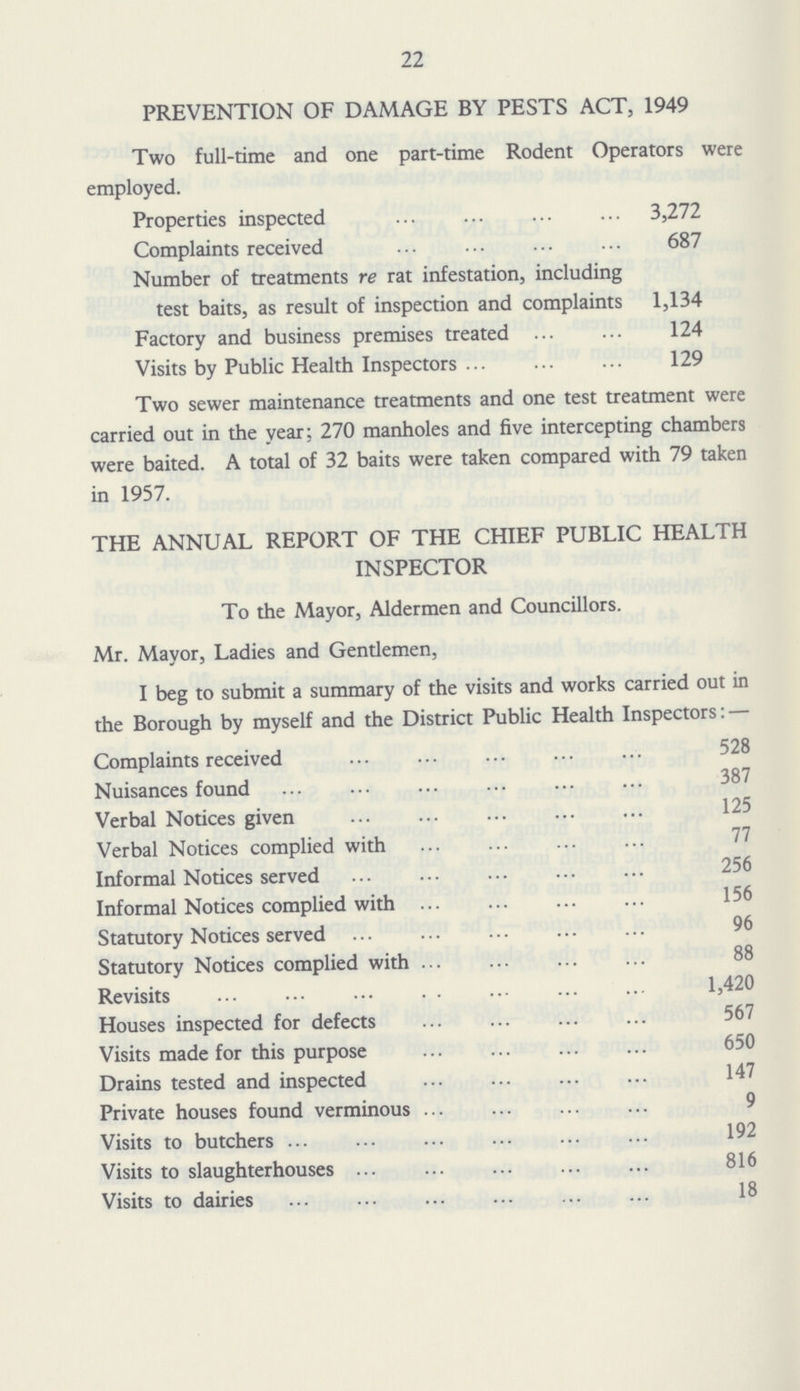 22 PREVENTION OF DAMAGE BY PESTS ACT, 1949 Two full-time and one part-time Rodent Operators were employed. Properties inspected 3,272 Complaints received 687 Number of treatments re rat infestation, including test baits, as result of inspection and complaints 1,134 Factory and business premises treated124 Visits by Public Health Inspectors 129 Two sewer maintenance treatments and one test treatment were carried out in the year; 270 manholes and five intercepting chambers were baited. A total of 32 baits were taken compared with 79 taken in 1957. THE ANNUAL REPORT OF THE CHIEF PUBLIC HEALTH INSPECTOR To the Mayor, Aldermen and Councillors. Mr. Mayor, Ladies and Gentlemen, I beg to submit a summary of the visits and works carried out in the Borough by myself and the District Public Health Inspectors:— Complaints received 528 Nuisances found 387 Verbal Notices given 125 Verbal Notices complied with 77 Informal Notices served 256 Informal Notices complied with 156 Statutory Notices served 96 Statutory Notices complied with 88 Revisits 1,420 Houses inspected for defects 567 Visits made for this purpose 650 Drains tested and inspected 147 Private houses found verminous 9 Visits to butchers 192 Visits to slaughterhouses 816 Visits to dairies 18
