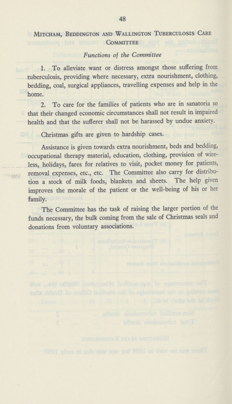 48 Mitcham, Beddington and Wallington Tuberculosis Care Committee Functions of the Committee 1. To alleviate want or distress amongst those suffering from tuberculosis, providing where necessary, extra nourishment, clothing, bedding, coal, surgical appliances, travelling expenses and help in the home. 2. To care for the families of patients who are in sanatoria so that their changed economic circumstances shall not result in impaired health and that the sufferer shall not be harassed by undue anxiety. Christmas gifts are given to hardship cases. Assistance is given towards extra nourishment, beds and bedding, occupational therapy material, education, clothing, provision of wire less, holidays, fares for relatives to visit, pocket money for patients, removal expenses, etc., etc. The Committee also carry for distribu tion a stock of milk foods, blankets and sheets. The help given improves the morale of the patient or the well-being of his or her family. The Committee has the task of raising the larger portion of the funds necessary, the bulk coming from the sale of Christmas seals and donations from voluntary associations.