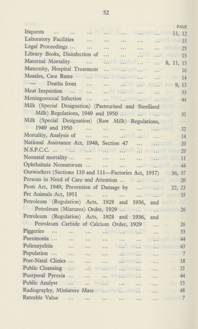 52 PAGE Inquests 11, 12 Laboratory Facilities 15 Legal Proceedings 25 Library Books, Disinfection of 15 Maternal Mortality 8, 11, 13 Maternity, Hospital Treatment 16 Measles, Case Rates 14 — Deaths from 9, 13 Meat Inspection 33 Meningococcal Infection 44 Milk (Special Designation) (Pasteurised and Sterilised Milk) Regulations, 1949 and 1950 31 Milk (Special Designation) (Raw Milk) Regulations 1949 and 1950 32 Mortality, Analysis of 14 National Assistance Act, 1948, Section 47 20 N.S.P.C. 20 Neonatal mortality 11 Ophthalmia Neonatorum 44 Outworkers (Sections 110 and 111—Factories Act, 1937) 36, 37 Persons in Need of Care and Attention 20 Pests Act, 1949, Prevention of Damage by 22, 23 Pet Animals Act, 1951 33 Petroleum (Regulation) Acts, 1928 and 1936, and Petroleum (Mixtures) Order, 1929 26 Petroleum (Regulation) Acts, 1928 and 1936, and Petroleum Carbide of Calcium Order, 1929 26 Piggeries 33 Pneumonia 44 Poliomyelitis 43 Population Post-Natal Clinics 18 Public Cleansing 21 Puerperal Pyrexia 44 Public Analyst 15 Radiography, Miniature Mass 48 Rateable Value