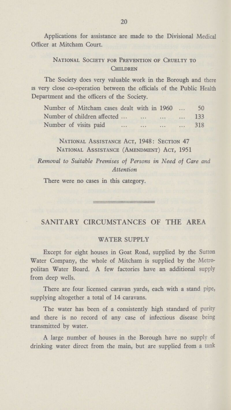 20 Applications for assistance are made to the Divisional Medical Officer at Mitcham Court. National Society for Prevention of Cruelty to Children The Society does very valuable work in the Borough and there is very close co-operation between the officials of the Public Health Department and the officers of the Society. Number of Mitcham cases dealt with in 1960 50 Number of children affected 133 Number of visits paid 318 National Assistance Act, 1948: Section 47 National Assistance (Amendment) Act, 1951 Removal to Suitable Premises of Persons in Need of Care and Attention There were no cases in this category. SANITARY CIRCUMSTANCES OF THE AREA WATER SUPPLY Except for eight houses in Goat Road, supplied by the Sutton Water Company, the whole of Mitcham is supplied by the Metro politan Water Board. A few factories have an additional supply from deep wells. There are four licensed caravan yards, each with a stand pipe, supplying altogether a total of 14 caravans. The water has been of a consistently high standard of purity and there is no record of any case of infectious disease being transmitted by water. A large number of houses in the Borough have no supply of drinking water direct from the main, but are supplied from a tank