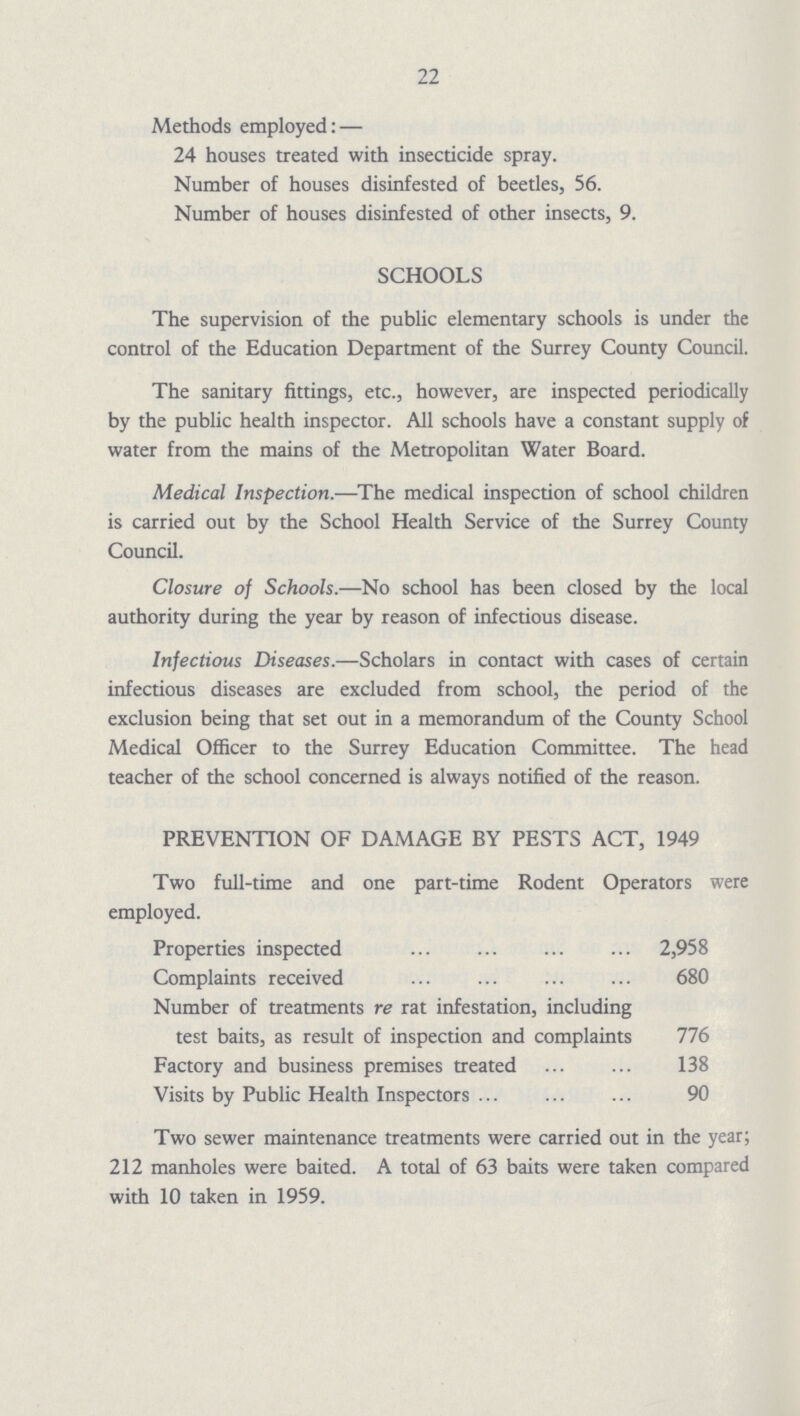 22 Methods employed: — 24 houses treated with insecticide spray. Number of houses disinfested of beetles, 56. Number of houses disinfested of other insects, 9. SCHOOLS The supervision of the public elementary schools is under the control of the Education Department of the Surrey County Council. The sanitary fittings, etc., however, are inspected periodically by the public health inspector. All schools have a constant supply of water from the mains of the Metropolitan Water Board. Medical Inspection.—The medical inspection of school children is carried out by the School Health Service of the Surrey County Council. Closure of Schools.—No school has been closed by the local authority during the year by reason of infectious disease. Infectious Diseases.—Scholars in contact with cases of certain infectious diseases are excluded from school, the period of the exclusion being that set out in a memorandum of the County School Medical Officer to the Surrey Education Committee. The head teacher of the school concerned is always notified of the reason. PREVENTION OF DAMAGE BY PESTS ACT, 1949 Two full-time and one part-time Rodent Operators were employed. Properties inspected 2,958 Complaints received 680 Number of treatments re rat infestation, including test baits, as result of inspection and complaints 776 Factory and business premises treated 138 Visits by Public Health Inspectors 90 Two sewer maintenance treatments were carried out in the year; 212 manholes were baited. A total of 63 baits were taken compared with 10 taken in 1959.