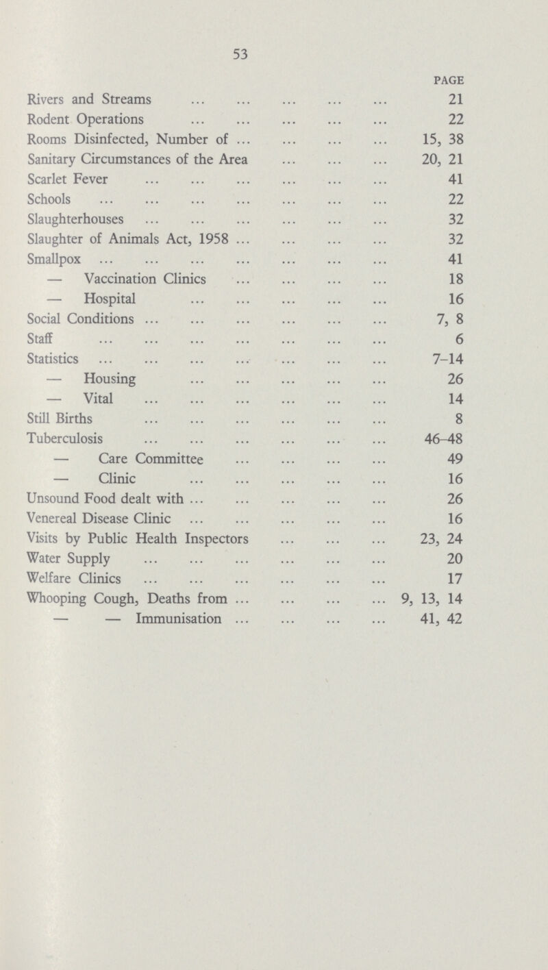 53 PAGE Rivers and Streams 21 Rodent Operations 22 Rooms Disinfected, Number of 15, 38 Sanitary Circumstances of the Area 20, 21 Scarlet Fever 41 Schools 22 Slaughterhouses 32 Slaughter of Animals Act, 1958 32 Smallpox 41 — Vaccination Clinics 18 — Hospital 16 Social Conditions 7, 8 Staff 6 Statistics 7-1 — Housing 26 — Vita 14 Still Births 8 Tuberculosis 46-48 — Care Committee 49 — Clinic 16 Unsound Food dealt with 26 Venereal Disease Clinic 16 Visits by Public Health Inspectors 23, 24 Water Supply 20 Welfare Clinics 17 Whooping Cough, Deaths from 9, 13, 14 — — Immunisation 41, 42