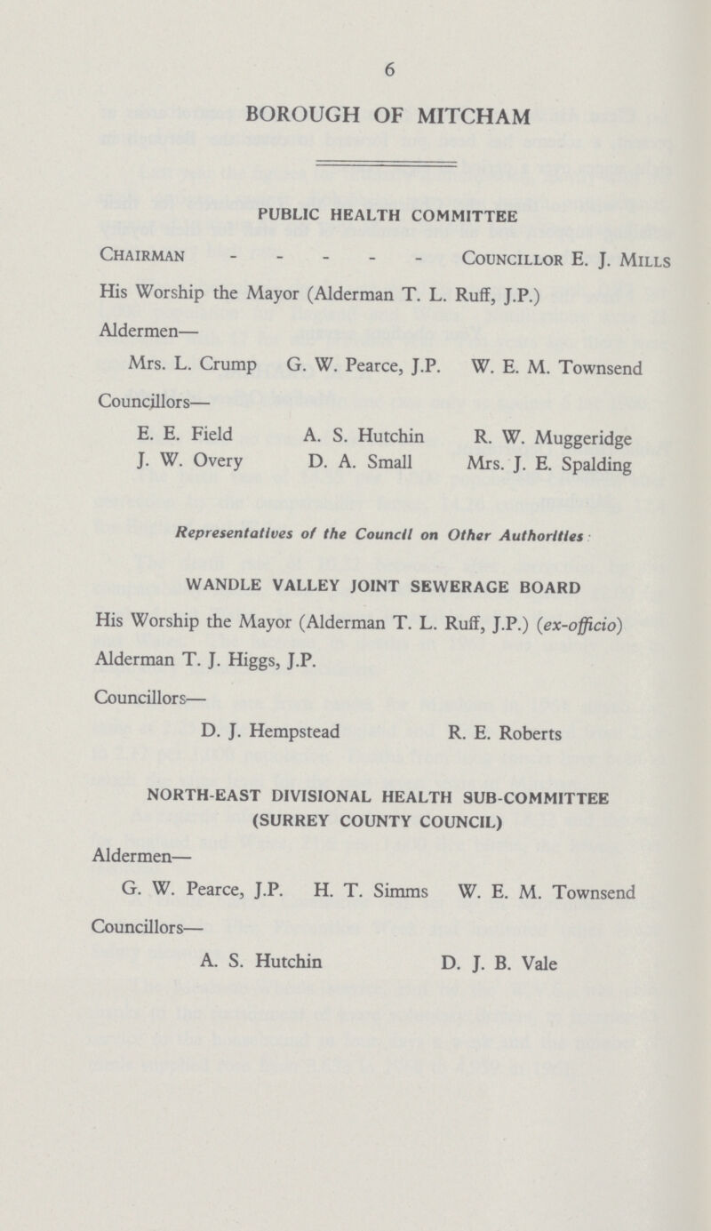 6 BOROUGH OF MITCHAM PUBLIC HEALTH COMMITTEE Chairman Councillor E. J. Mills His Worship the Mayor (Alderman T. L. Ruff, J.P.) Aldermen— Mrs. L. Crump G. W. Pearce, J.P. W. E. M. Townsend Councillors— E. E. Field A. S. Hutchin R. W. Muggeridge J. W. Overy D. A. Small Mrs. J. E. Spalding Representatives of the Council on Other Authorities: WANDLE VALLEY JOINT SEWERAGE BOARD His Worship the Mayor (Alderman T. L. Ruff, J.P.) (ex-officio) Alderman T. J. Higgs, J.P. Councillors— D. J. Hempstead R. E. Roberts NORTH EAST DIVISIONAL HEALTH SUB-COMMITTEE (SURREY COUNTY COUNCIL) Aldermen— G. W. Pearce, J.P. H. T. Simms W. E. M. Townsend Councillors— A. S. Hutchin D. J. B. Vale
