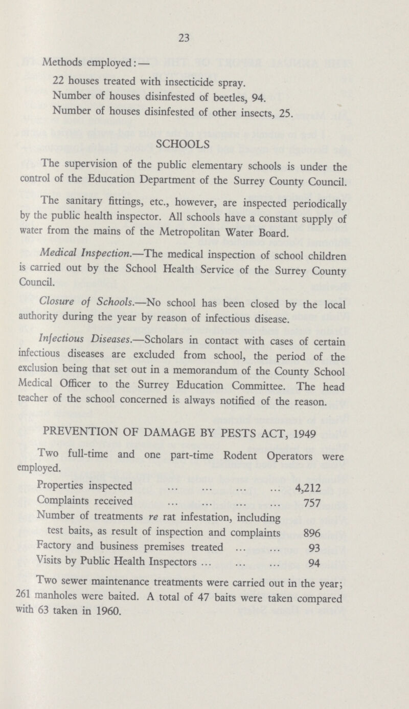 23 Methods employed: — 22 houses treated with insecticide spray. Number of houses disinfested of beetles, 94. Number of houses disinfested of other insects, 25. SCHOOLS The supervision of the public elementary schools is under the control of the Education Department of the Surrey County Council. The sanitary fittings, etc., however, are inspected periodically by the public health inspector. All schools have a constant supply of water from the mains of the Metropolitan Water Board. Medical Inspection.—The medical inspection of school children is carried out by the School Health Service of the Surrey County Council. Closure of Schools.—No school has been closed by the local authority during the year by reason of infectious disease. Infectious Diseases.—Scholars in contact with cases of certain infectious diseases are excluded from school, the period of the exclusion being that set out in a memorandum of the County School Medical Officer to the Surrey Education Committee. The head teacher of the school concerned is always notified of the reason. PREVENTION OF DAMAGE BY PESTS ACT, 1949 Two full-time and one part-time Rodent Operators were employed. Properties inspected 4,212 Complaints received 757 Number of treatments re rat infestation, including test baits, as result of inspection and complaints 896 Factory and business premises treated 93 Visits by Public Health Inspectors 94 Two sewer maintenance treatments were carried out in the year; 261 manholes were baited. A total of 47 baits were taken compared with 63 taken in 1960.