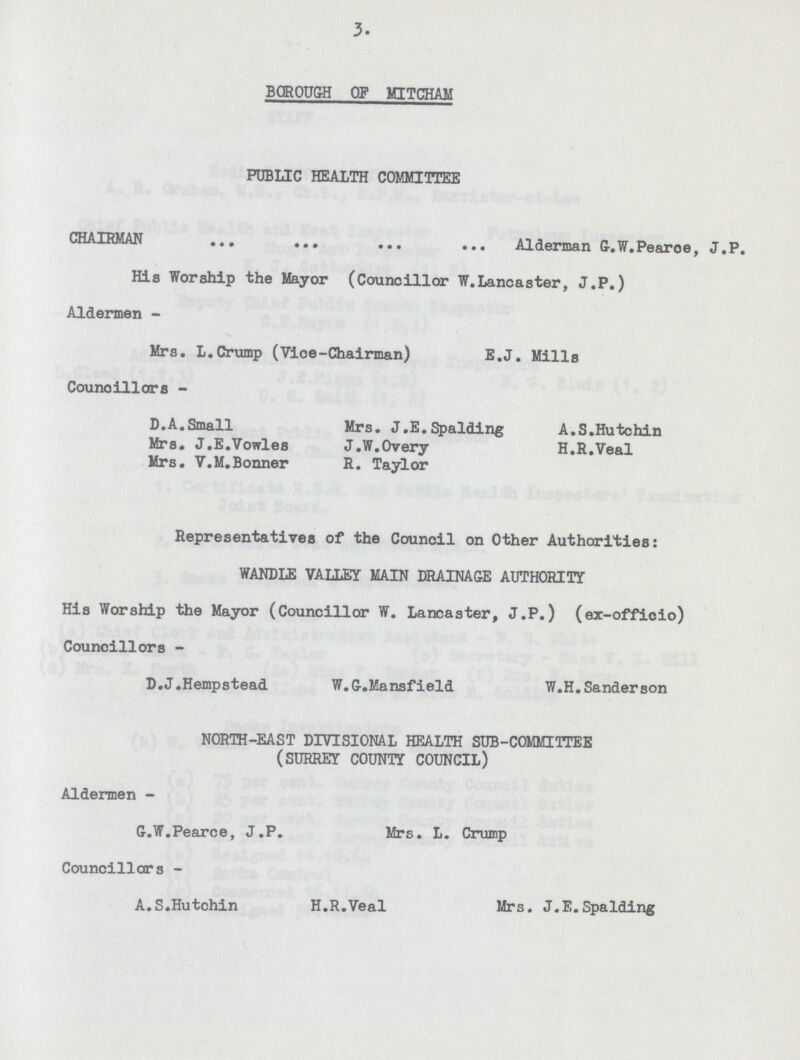 3. BOROUGH OF MITCHAM PUBLIC HEALTH COMMITTEE CHAIRMAN Alderman G.W.Pearce, J.P. His Worship the Mayor (Councillor W.Lancaster, J.P.) Aldermen- Mrs. L.Crump (Vioe-Chairman) E.J. Mills Councillors- D.A.Small Mrs. J.E.Spalding A.S.Hutchin Mrs. J.E.Vowles J.W.Overy H.R.Veal Mrs. V.M.Bonner R. Taylor Representatives of the Council on Other Authorities: WANDLE VALLEY MAIN DRAINAGE AUTHORITY His Worship the Mayor (Councillor W. Lancaster, J.P.) (ex-officio) Councillors- D.J.Hempstead W.G.Mansfield W.H.Sanderson NORTH-EAST DIVISIONAL HEALTH SUB-COMMITTEE (SURREY COUNTY COUNCIL) Aldermen- G.W.Pearce, J.P. Mrs. L. Crump Councillors- A.S.Hutchin H.R.Veal Mrs. J.E.Spalding