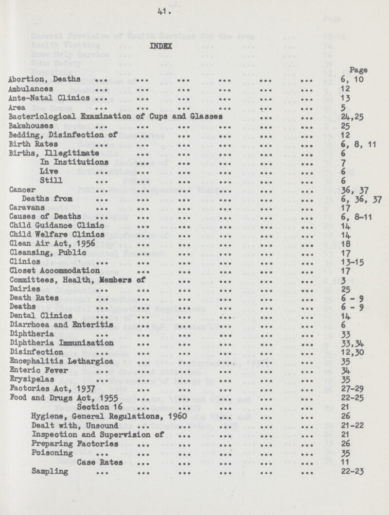 41. INDEX Page Abortion, Deaths 6,10 Ambulances 12 Ante-Natal Clinics 13 Area 3 Bacteriological Examination of Cups and Glasses 24,25 Bakehouses 25 Bedding, Disinfection of 12 Birth Rates 6,8, 11 Births, Illegitimate 6 In Institutions 7 Live 6 Still 6 Cancer 36, 37 Deaths from 6,36,37 Caravans 17 Causes of Deaths 6, 8-11 Child Guidance Clinic 14 Child Welfare Clinics 14 Clean Air Act, 1956 18 Cleansing, Public 17 Clinics 13-15 Closet Accommodation 17 Committees, Health, Members of 3 Dairies 25 Death Rates 6-9 Deaths 6-9 Dental Clinics 14 Diarrhoea and Enteritis 6 Diphtheria 33 Diphtheria Immunisation 33,34 Disinfection 12,30 Encephalitis Lethargica 35 Enteric Fever 34 Erysipelas 33 Factories Act, 1937 27-29 Food and Drugs Act, 1955 22-25 Section 16 21 Hygiene, General Regulations, 1960 26 Dealt with, Unsound 21-22 Inspection and Supervision of 21 Preparing Factories 26 Poisoning 35 Case Rates 11 Sampling 22—23