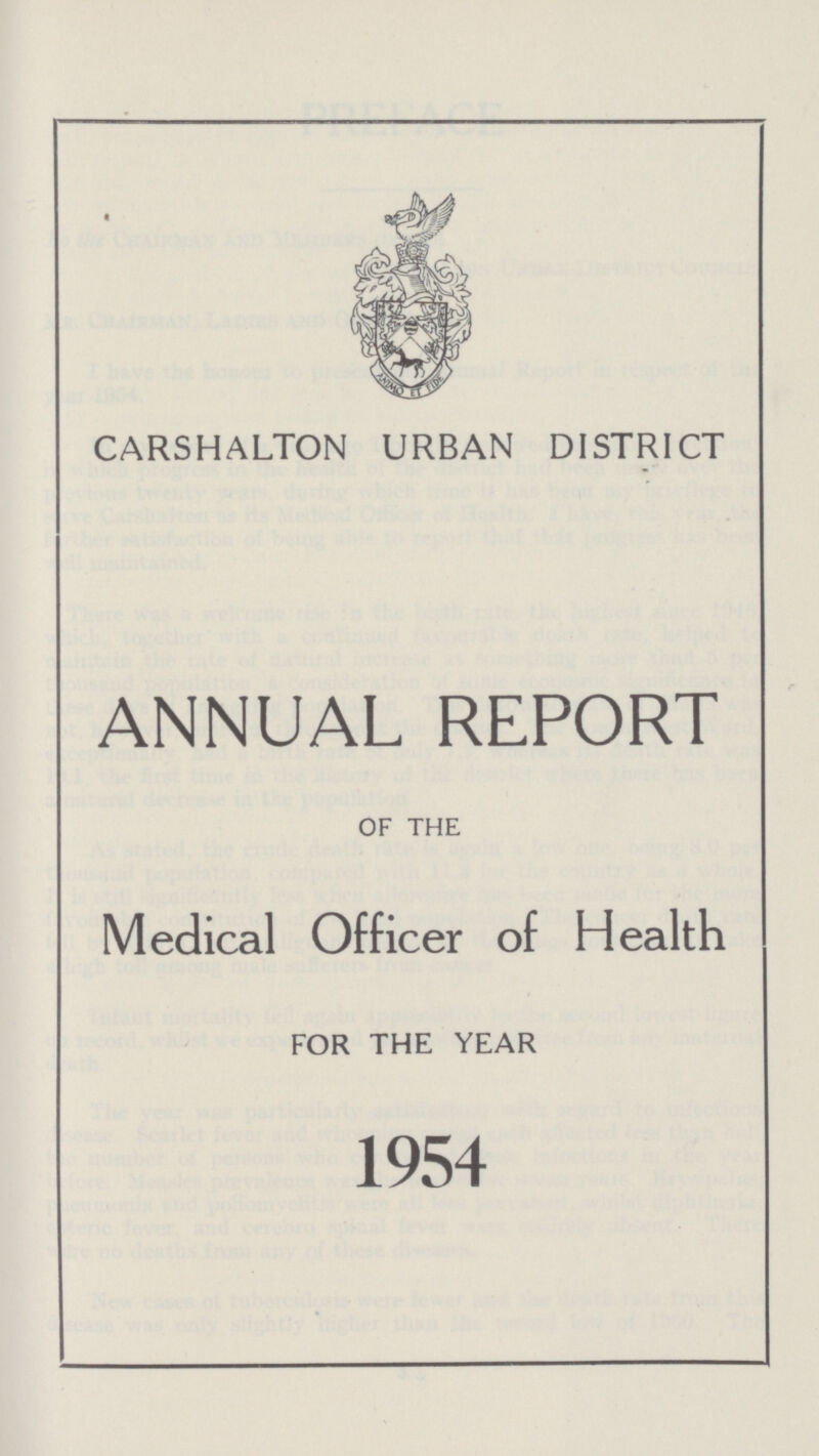 CARSHALTON URBAN DISTRICT ANNUAL REPORT OF THE Medical Officer of Health FOR THE YEAR 1954