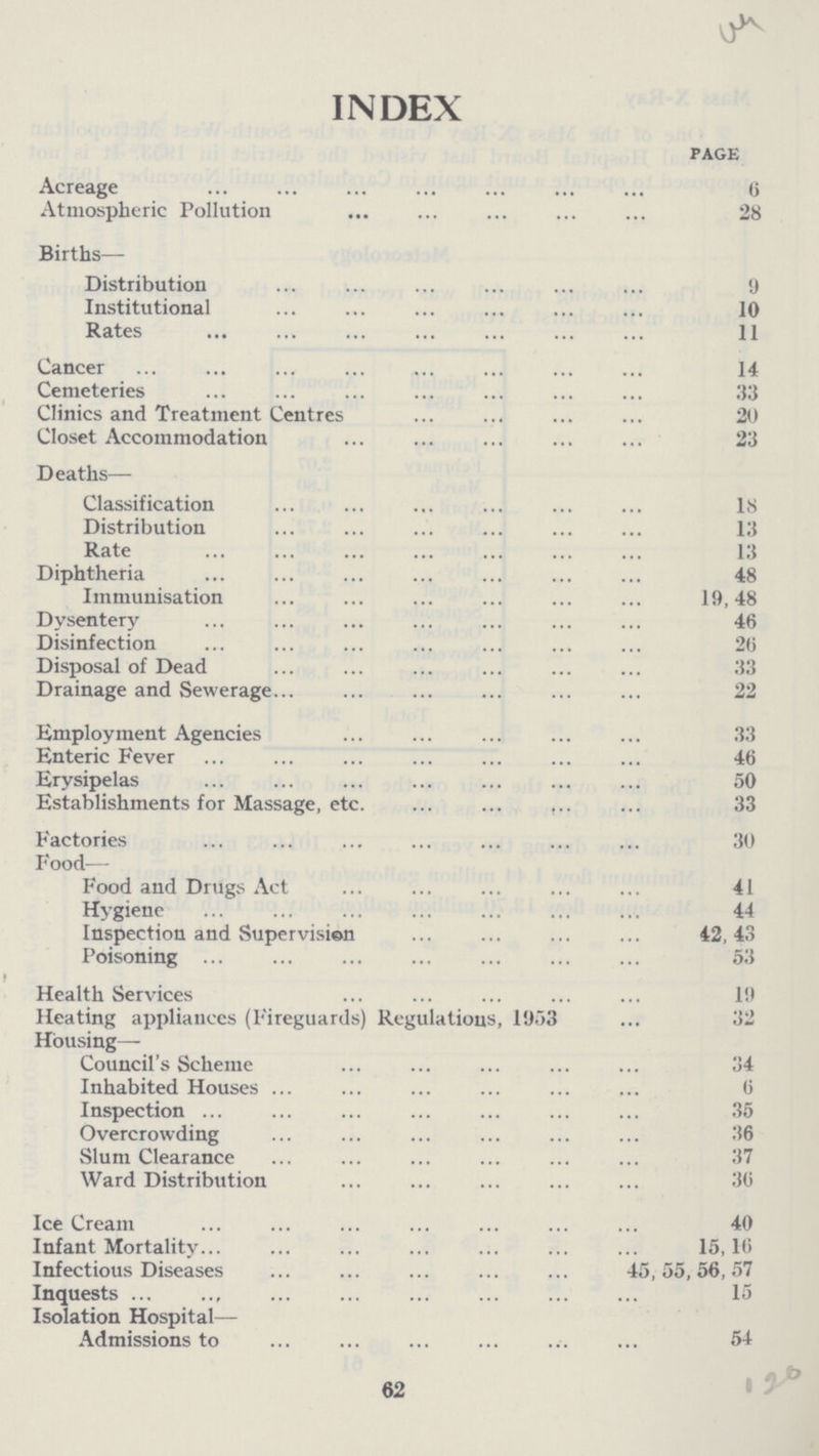 ??? INDEX PAGE Acreage 0 Atmospheric Pollution 28 Births— Distribution 9 Institutional 10 Rates 11 Cancer 14 Cemeteries 33 Clinics and Treatment Centres 20 Closet Accommodation 23 Deaths— Classification 18 Distribution 13 Rate 13 Diphtheria 48 Immunisation 19,48 Dysentery 46 Disinfection 26 Disposal of Dead 33 Drainage and Sewerage 22 Employment Agencies 33 Enteric Fever 46 Erysipelas 50 Establishments for Massage, etc. 33 Factories 30 Food— Food and Drugs Act 41 Hygiene 44 Inspection and Supervision 42,43 Poisoning 53 Health Services 19 Heating appliances (Fireguards) Regulations, 1953 32 Housing— Council's Scheme 34 Inhabited Houses 6 Inspection 35 Overcrowding 36 Slum Clearance 37 Ward Distribution 36 Ice Cream 40 Infant Mortality 15,16 Infectious Diseases 45,55,56,57 Inquests 15 Isolation Hospital— Admissions to 54 62 126