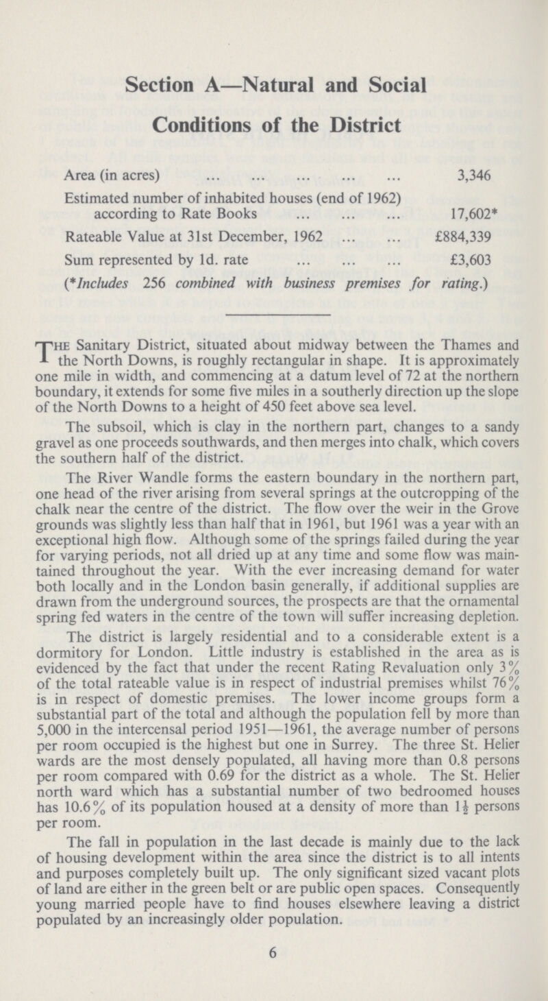 Section A—Natural and Social Conditions of the District Area (in acres) 3,346 Estimated number of inhabited houses (end of 1962) according to Rate Books 17,602* Rateable Value at 31st December, 1962 £884,339 Sum represented by Id. rate £3,603 (*Includes 256 combined with business premises for rating.) The Sanitary District, situated about midway between the Thames and the North Downs, is roughly rectangular in shape. It is approximately one mile in width, and commencing at a datum level of 72 at the northern boundary, it extends for some five miles in a southerly direction up the slope of the North Downs to a height of 450 feet above sea level. The subsoil, which is clay in the northern part, changes to a sandy gravel as one proceeds southwards, and then merges into chalk, which covers the southern half of the district. The River Wandle forms the eastern boundary in the northern part, one head of the river arising from several springs at the outcropping of the chalk near the centre of the district. The flow over the weir in the Grove grounds was slightly less than half that in 1961, but 1961 was a year with an exceptional high flow. Although some of the springs failed during the year for varying periods, not all dried up at any time and some flow was main tained throughout the year. With the ever increasing demand for water both locally and in the London basin generally, if additional supplies are drawn from the underground sources, the prospects are that the ornamental spring fed waters in the centre of the town will suffer increasing depletion. The district is largely residential and to a considerable extent is a dormitory for London. Little industry is established in the area as is evidenced by the fact that under the recent Rating Revaluation only 3% of the total rateable value is in respect of industrial premises whilst 76% is in respect of domestic premises. The lower income groups form a substantial part of the total and although the population fell by more than 5,000 in the intercensal period 1951—1961, the average number of persons per room occupied is the highest but one in Surrey. The three St. Helier wards are the most densely populated, all having more than 0.8 persons per room compared with 0.69 for the district as a whole. The St. Helier north ward which has a substantial number of two bed roomed houses has 10.6% of its population housed at a density of more than 1 ½ persons per room. The fall in population in the last decade is mainly due to the lack of housing development within the area since the district is to all intents and purposes completely built up. The only significant sized vacant plots of land are either in the green belt or are public open spaces. Consequently young married people have to find houses elsewhere leaving a district populated by an increasingly older population. 6