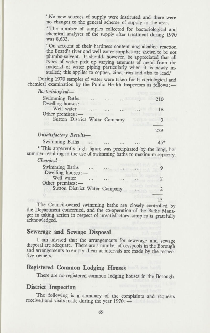 'No new sources of supply were instituted and there were no changes to the general scheme of supply in the area. 'The number of samples collected for bacteriological and chemical analyses of the supply after treatment during 1970 was 8,633. 'On account of their hardness content and alkaline reaction the Board's river and well water supplies are shown to be not plumbo-solvent. It should, however, be appreciated that all types of water pick up varying amounts of metal from the material of water piping particularly when it is newly in stalled; this applies to copper, zinc, iron and also to lead.' During 1970 samples of water were taken for bacteriological and chemical examination by the Public Health Inspectors as follows: — Bacteriological— Swimming Baths 210 Dwelling houses:— Well water 16 Other premises:— Sutton District Water Company 3 229 Unsatisfactory Results— Swimming Baths 45* * This apparendy high figure was precipitated by the long, hot summer resulting in the use of swimming baths to maximum capacity. Chemical— Swimming Baths 9 Dwelling houses:— Well water 2 Other premises:— Sutton District Water Company 2 13 The Council-owned swimming baths are closely controlled by the Department concerned, and the co-operation of the Baths Mana ger in taking action in respect of unsatisfactory samples is gratefully acknowledged. Sewerage and Sewage Disposal I am advised that the arrangements for sewerage and sewage disposal are adequate. There are a number of cesspools in the Borough and arrangements to empty them at intervals are made by the respec tive owners. Registered Common Lodging Houses There are no registered common lodging houses in the Borough. District Inspection The following is a summary of the complaints and requests received and visits made during the year 1970:— 65