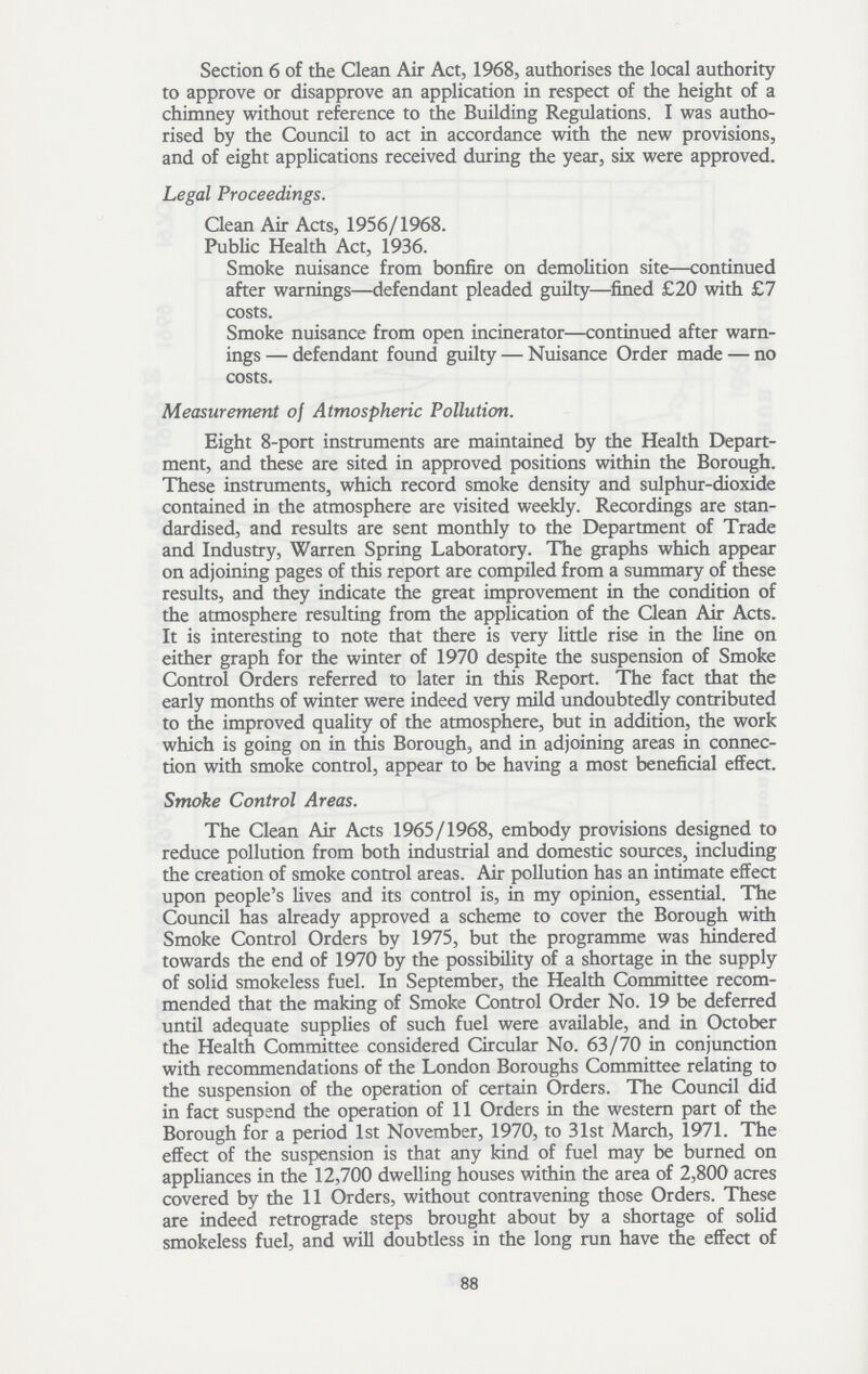 Section 6 of the Clean Air Act, 1968, authorises the local authority to approve or disapprove an application in respect of the height of a chimney without reference to the Building Regulations. I was autho rised by the Council to act in accordance with the new provisions, and of eight applications received during the year, six were approved. Legal Proceedings. Clean Air Acts, 1956/1968. Public Health Act, 1936. Smoke nuisance from bonfire on demolition site—continued after warnings—defendant pleaded guilty—fined £20 with £7 costs. Smoke nuisance from open incinerator—continued after warn ings — defendant found guilty — Nuisance Order made — no costs. Measurement oj Atmospheric Pollution. Eight 8-port instruments are maintained by the Health Depart ment, and these are sited in approved positions within the Borough. These instruments, which record smoke density and sulphur-dioxide contained in the atmosphere are visited weekly. Recordings are stan dardised, and results are sent monthly to the Department of Trade and Industry, Warren Spring Laboratory. The graphs which appear on adjoining pages of this report are compiled from a summary of these results, and they indicate the great improvement in the condition of the atmosphere resulting from the application of the Clean Air Acts. It is interesting to note that there is very little rise in the line on either graph for the winter of 1970 despite the suspension of Smoke Control Orders referred to later in this Report. The fact that the early months of winter were indeed very mild undoubtedly contributed to the improved quality of the atmosphere, but in addition, the work which is going on in this Borough, and in adjoining areas in connec tion with smoke control, appear to be having a most beneficial effect. Smoke Control Areas. The Clean Air Acts 1965/1968, embody provisions designed to reduce pollution from both industrial and domestic sources, including the creation of smoke control areas. Air pollution has an intimate effect upon people's lives and its control is, in my opinion, essential. The Council has already approved a scheme to cover the Borough with Smoke Control Orders by 1975, but the programme was hindered towards the end of 1970 by the possibility of a shortage in the supply of solid smokeless fuel. In September, the Health Committee recom mended that the making of Smoke Control Order No. 19 be deferred until adequate supplies of such fuel were available, and in October the Health Committee considered Circular No. 63/70 in conjunction with recommendations of the London Boroughs Committee relating to the suspension of the operation of certain Orders. The Council did in fact suspend the operation of 11 Orders in the western part of the Borough for a period 1st November, 1970, to 31st March, 1971. The effect of the suspension is that any kind of fuel may be burned on appliances in the 12,700 dwelling houses within the area of 2,800 acres covered by the 11 Orders, without contravening those Orders. These are indeed retrograde steps brought about by a shortage of solid smokeless fuel, and will doubtless in the long run have the effect of 88