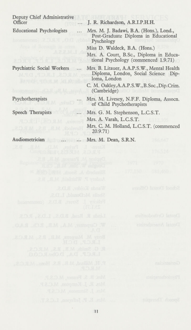 Deputy Chief Administrative Officer J. R. Richardson, A.R.I.P.H.H. Educational Psychologists Mrs. M. J. Badawi, B.A. (Hons.), Lond., Post-Graduate Diploma in Educational Pyschology Miss D. Waldeck, B.A. (Hons.) Mrs. A. Court, B.Sc., Diploma in Educa tional Psychology (commenced 1.9.71) Psychiatric Social Workers Mrs. B. Litauer, A.A.P.S.W.,Mental Health Diploma, London, Social Science Dip loma, London C. M. Oakley,A.A.P.S.W.,B.Soc.,Dip.Crim. (Cambridge) Psychotherapists Mrs. M. Livesey, N.F.F. Diploma, Assocn. of Child Psychotherapists Speech Therapists Mrs. G. M. Stephenson, L.C.S.T. Mrs. A. Varah, L.C.S.T. Mrs. C. M. Holland, L.C.S.T. (commenced 20.9.71) Audiometrician Mrs. M. Dean, S.R.N. 11