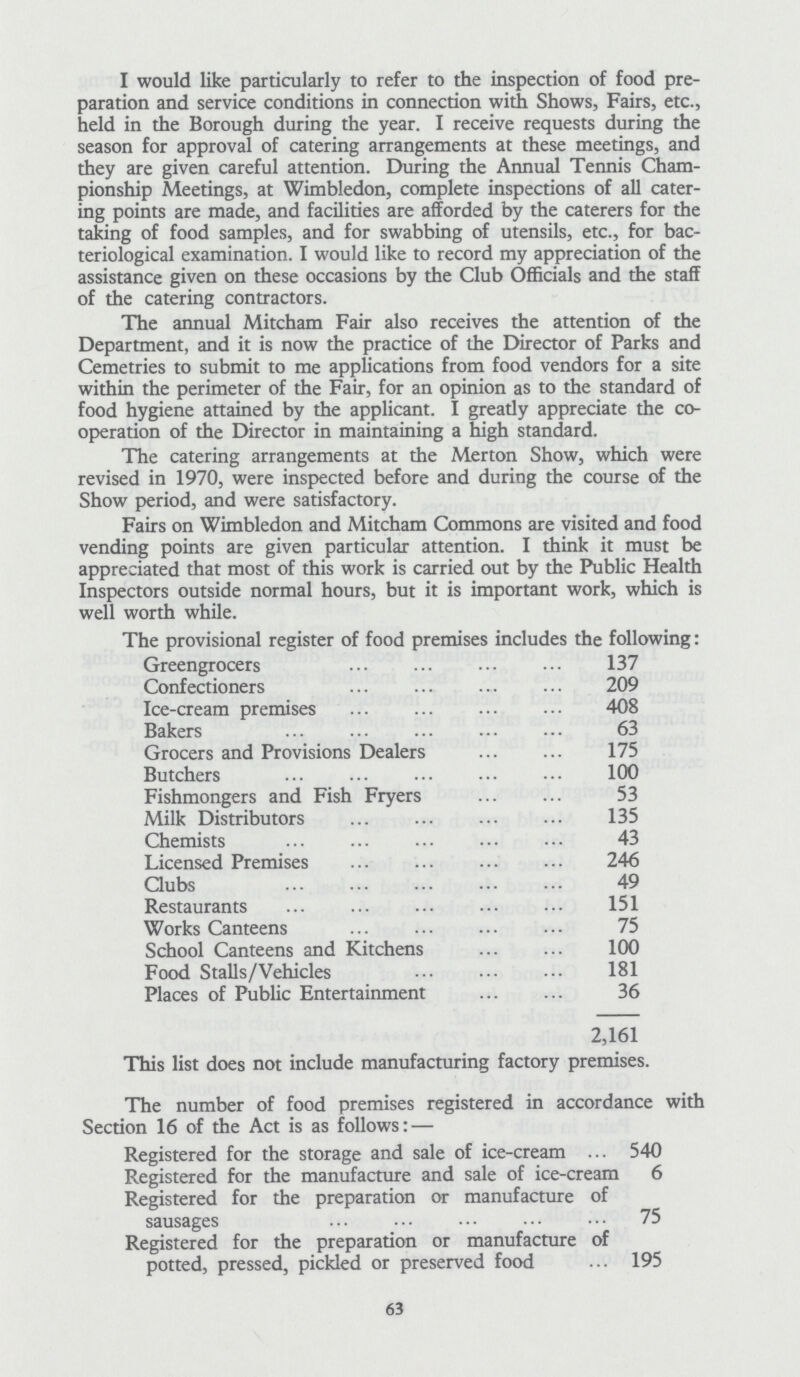 I would like particularly to refer to the inspection of food pre paration and service conditions in connection with Shows, Fairs, etc., held in the Borough during the year. I receive requests during the season for approval of catering arrangements at these meetings, and they are given careful attention. During the Annual Tennis Cham pionship Meetings, at Wimbledon, complete inspections of all cater ing points are made, and facilities are afforded by the caterers for the taking of food samples, and for swabbing of utensils, etc., for bac teriological examination. I would like to record my appreciation of the assistance given on these occasions by the Club Officials and the staff of the catering contractors. The annual Mitcham Fair also receives the attention of the Department, and it is now the practice of the Director of Parks and Cemetries to submit to me applications from food vendors for a site within the perimeter of the Fair, for an opinion as to the standard of food hygiene attained by the applicant. I greatly appreciate the co operation of the Director in maintaining a high standard. The catering arrangements at the Merton Show, which were revised in 1970, were inspected before and during the course of the Show period, and were satisfactory. Fairs on Wimbledon and Mitcham Commons are visited and food vending points are given particular attention. I think it must be appreciated that most of this work is carried out by the Public Health Inspectors outside normal hours, but it is important work, which is well worth while. This list does not include manufacturing factory premises. The number of food premises registered in accordance with Section 16 of the Act is as follows:— Registered for the storage and sale of ice-cream 540 Registered for the manufacture and sale of ice-cream 6 Registered for the preparation or manufacture of sausages 75 Registered for the preparation or manufacture of potted, pressed, pickled or preserved food 195 63 The provisional register of food premises includes the following: Greengrocers 137 Confectioners 209 Ice-cream premises 408 Bakers 63 Grocers and Provisions Dealers 175 Butchers 100 Fishmongers and Fish Fryers 53 Milk Distributors 135 Chemists 43 Licensed Premises 246 Clubs 49 Restaurants 151 Works Canteens 75 School Canteens and Kitchens 100 Food Stalls/Vehicles 181 Places of Public Entertainment 36 2,161